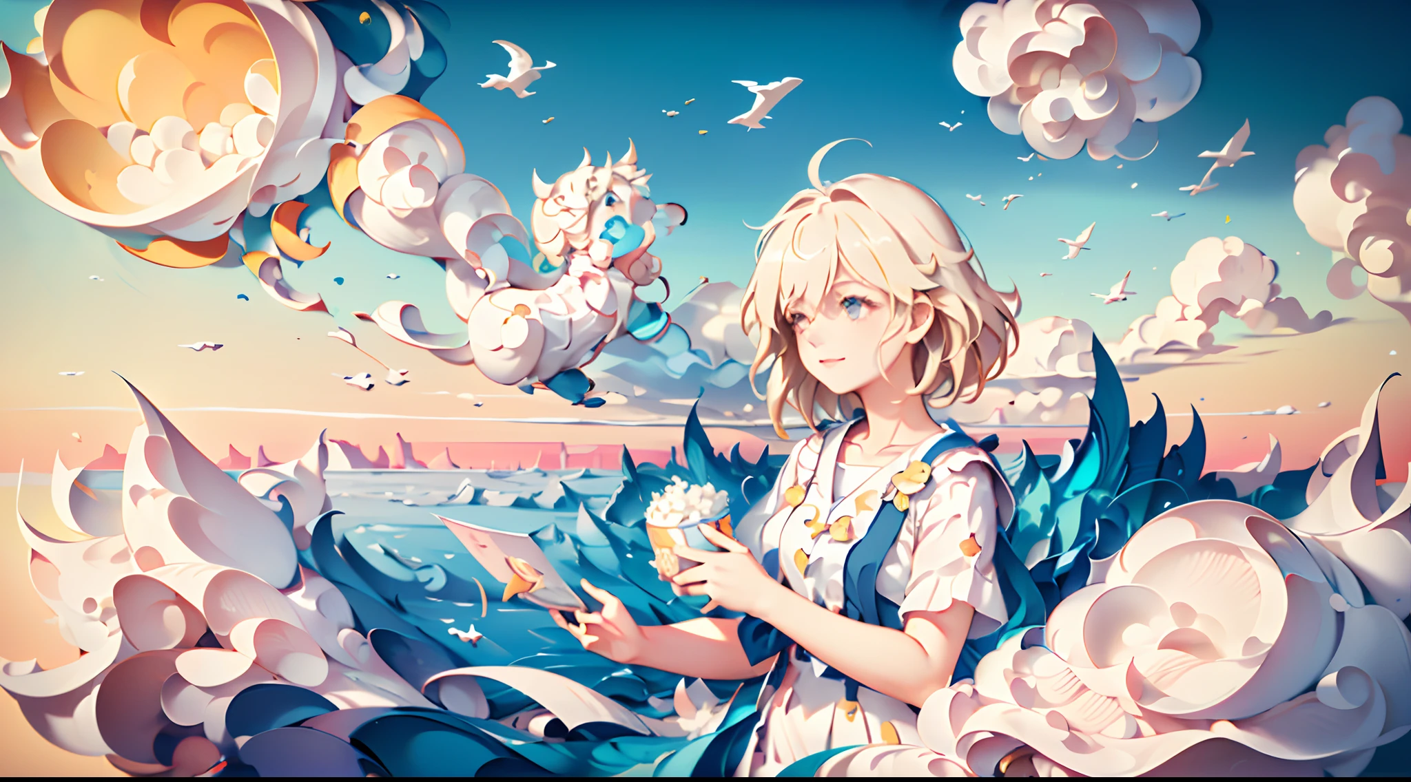 masterpiece, best quality, movie still, 1girl, floating in the sky, cloud girl, cloud, (close-up:1.1), bright, happy, fun, soft lighting, (Bauhaus, shapes, lines, abstract:1.1)