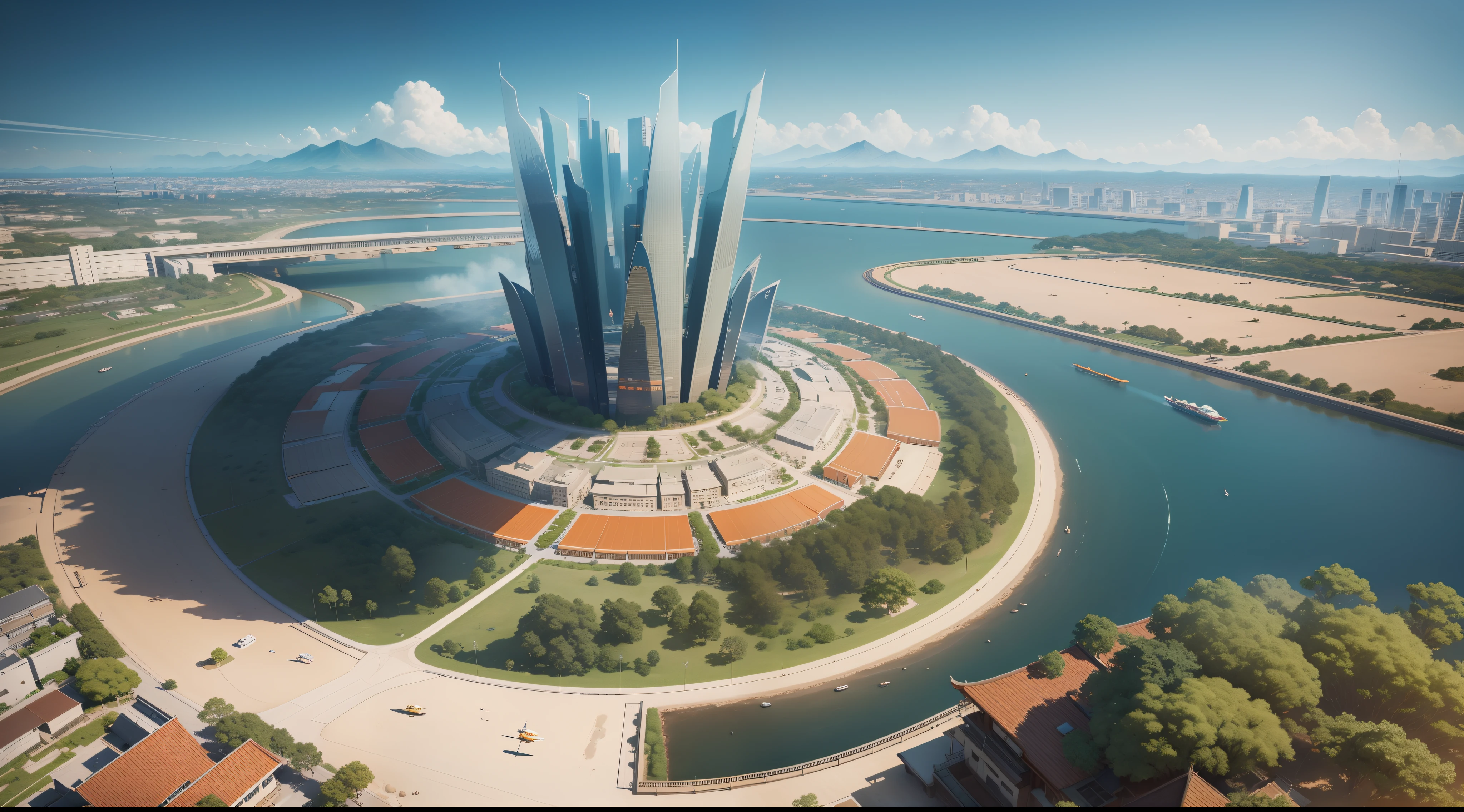 Genshin style aerial map，Tech City，Clear sky color, Crystal clear, Some orange plants and green trees, wide wide shot, Marvelous skyline, Many fast-flying cars, Giant planet background, Unreal Engine 5