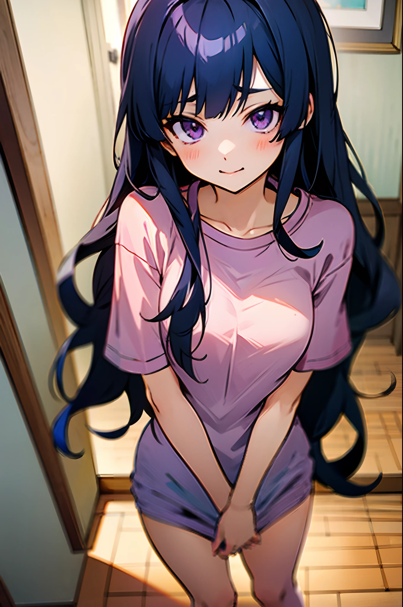 Anime girl with gray long hair and purple eyes, wearing pink long tshirt, no pants, standing the hall, european house, perfect face, cute face, ultrasharp, 8k, masterpiece