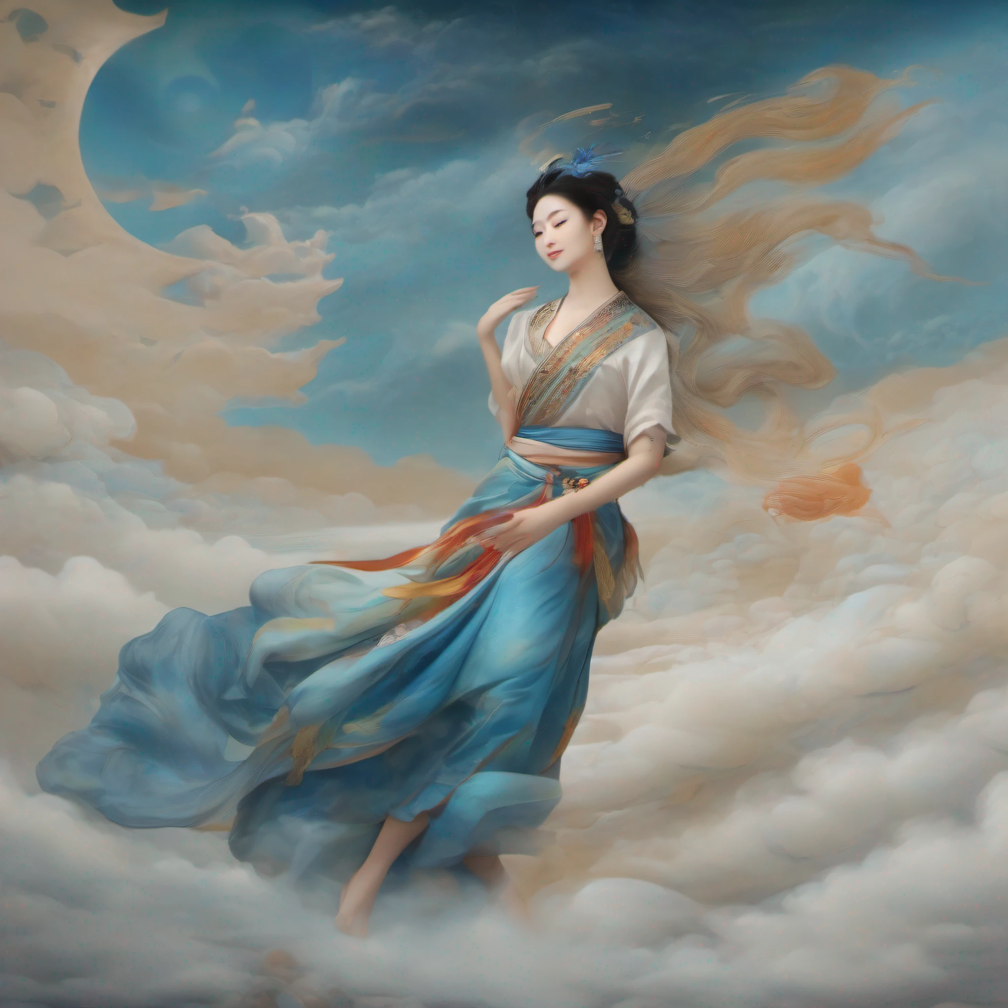 (8K, RAW photo, Best quality, tmasterpiece:1.2), (Realistic, photo-realistic:1.4),1 girl solo,Dunhuang murals， Flying posture, dunhuang_dress, dunhuang_Style, Dunhuang murals_depth of field background,Dunhuang culture and art，quiet expression，Ancient wind，（Dunhuang mural style 1.2）（Delicate face 1.2）blue skirts，themoon，​​clouds，magic，magia，Wall paintings，Advertising photography，depth of fields，Realistic details，Perfectcomposition，（（best qualtiy））， （（tmasterpiece））， （（Detailed details，Smooth details1.3））， （offcial art）， ，（element control：1.2）， （graceful movements：1.1）， ， （Mysterious powers：1.2）， （smiling expression：1.1）， （Flowing tides：1.2）， （Sparkling water droplets：1.2）， （magic aura：1.1）， （magic incantation：1.2），  （Resonate with nature：1.2），（commanding the elements：1.2），（swirls of magic：1.2），（The power of tranquility：1.2），Towering clouds disperse fog 1.1，Towering clouds disperse fog 1.1（Flight action，Leaning forward 1.5）delicated face，delicated face，Fairy air fluttering，（White satin wraps the body），Ad composition
