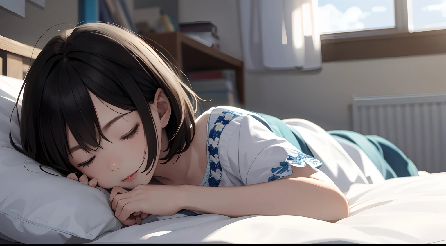 tmasterpiece,A high resolution,ultra - detailed,Gamine,,pupils,Go to bed,With his eyes closed,dream on,