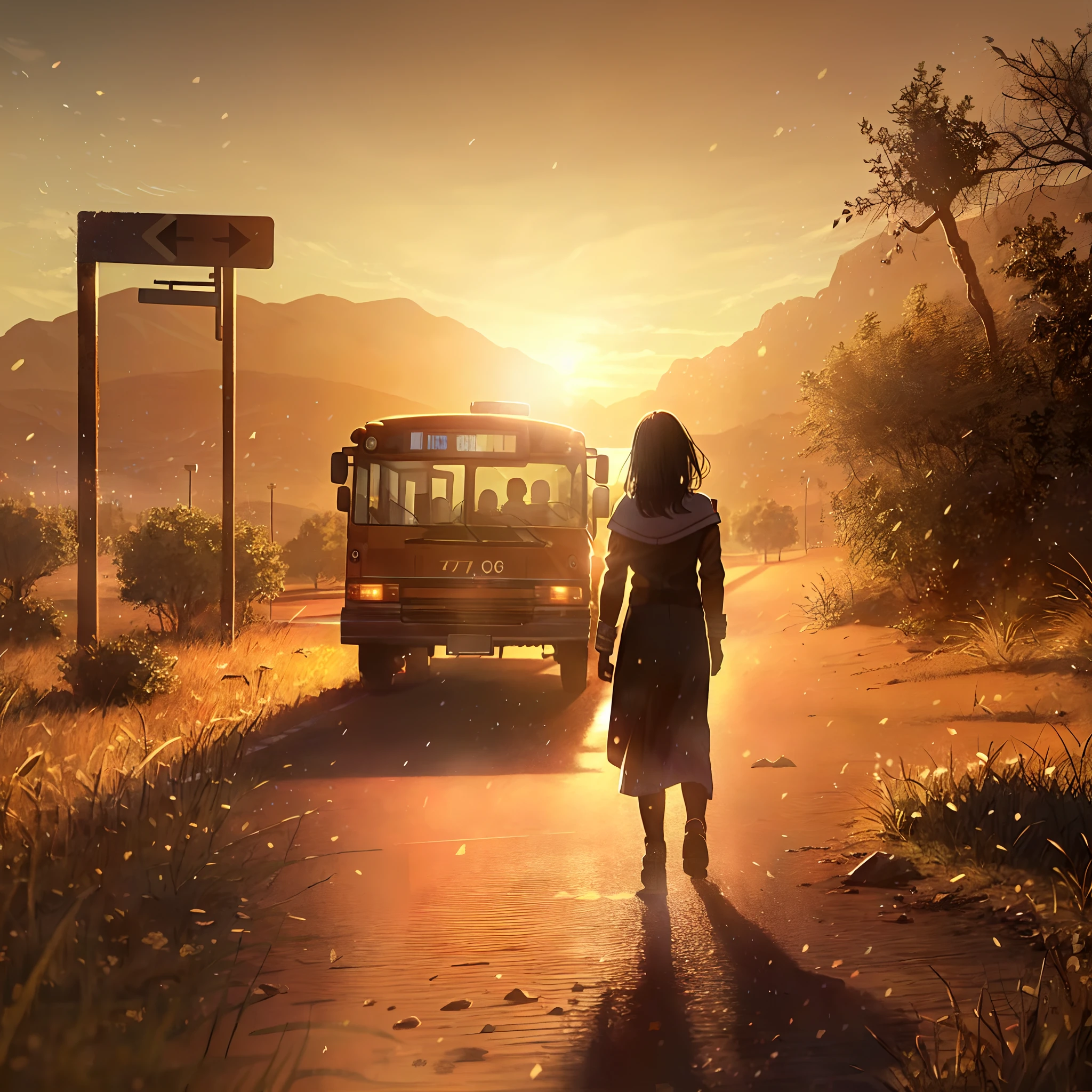 high details, best quality, 8k, [ultra detailed], masterpiece, best quality, (extremely detailed), shot from the rear, ultra wide shot, photorealistic, a picture of a woman (intricate details, Masterpiece, best quality: 1.6) standing in a bus stop in the desert (intricate details, Masterpiece, best quality: 1.6), seeing a bus (intricate details, Masterpiece, best quality: 1.6), driving towards sun down, desert road, desert background, back light, silhouette, a woman seeing the bus drive away,