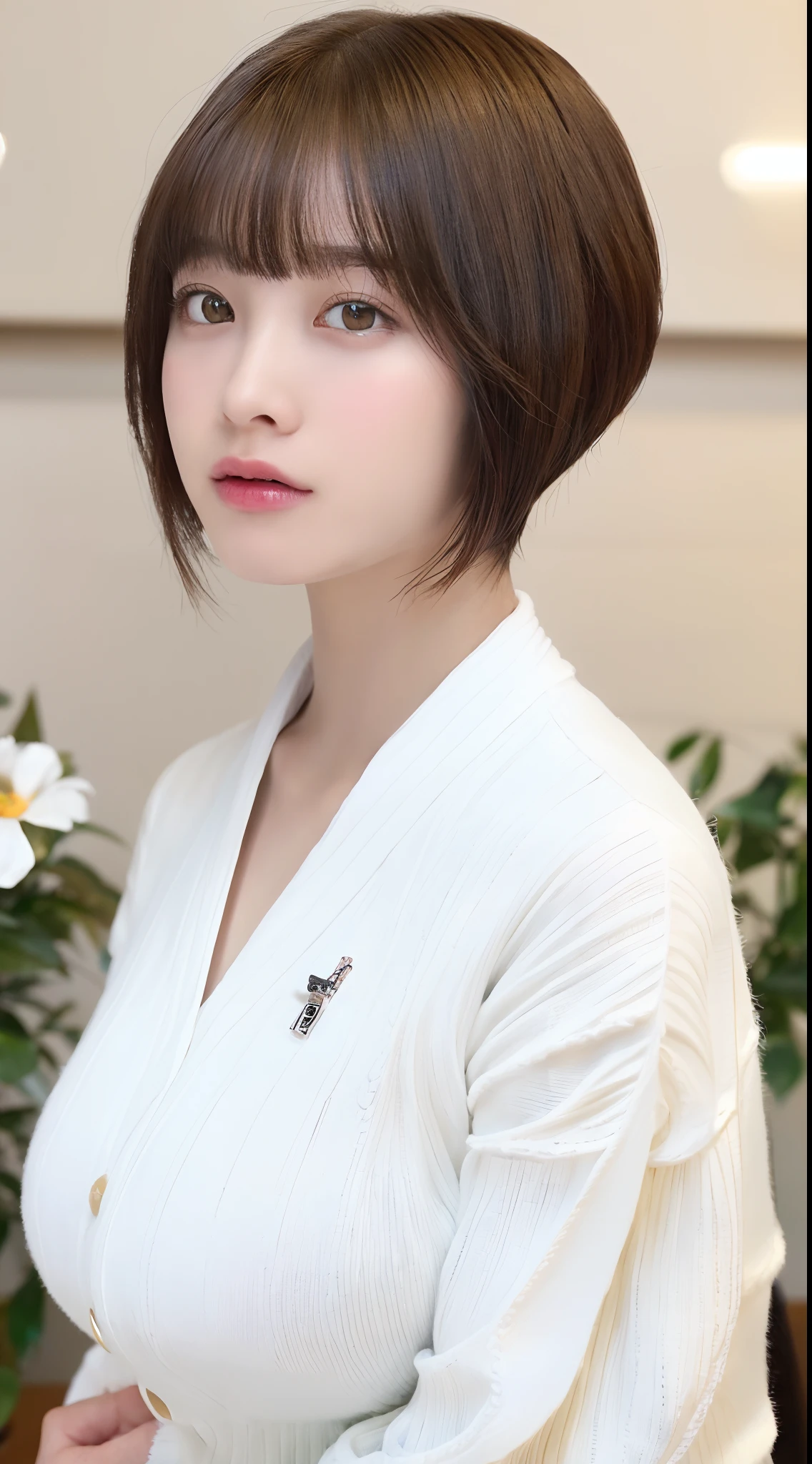 ((top-quality、8K、masterpiece:1.3))、Detail Women:1.3、(medium short hair、huge tit:1.3)、cardigan:1.1、ultra -detail、the detail、eyelid