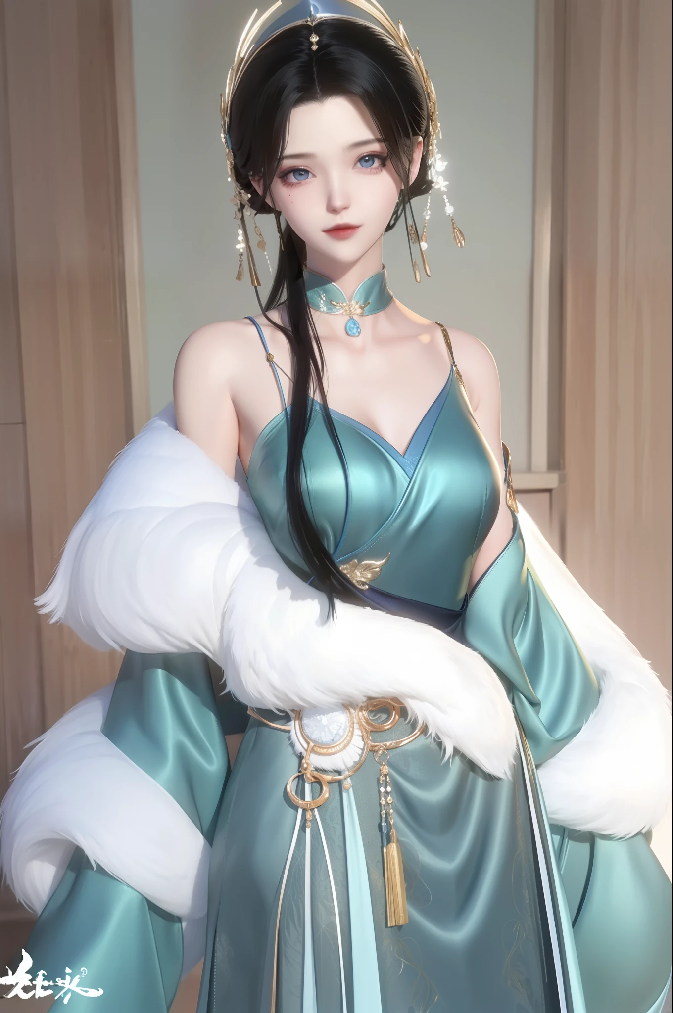 (best qualtiy,tmasterpiece:1.2),超高分辨率,realisticlying,Front lighting,Complicated details,Exquisitedetailsandtextures,(1girll),独奏,The upper part of the body,Blue Hanfu,Petal pattern,Nice big eyes,a blue dress,beauitful face,facing to audience,Streamers,gossamer,(年轻),Facial highlights,Detal Face,tear-mole,white skinned,Silvery hair,High ponytail,looking at viewert,largeeyes,(Openwork pattern),耳Nipple Ring,slimfigure,white backgrounid,correct hand,profesional lighting,photon maping,Radio City,physically-based renderingt