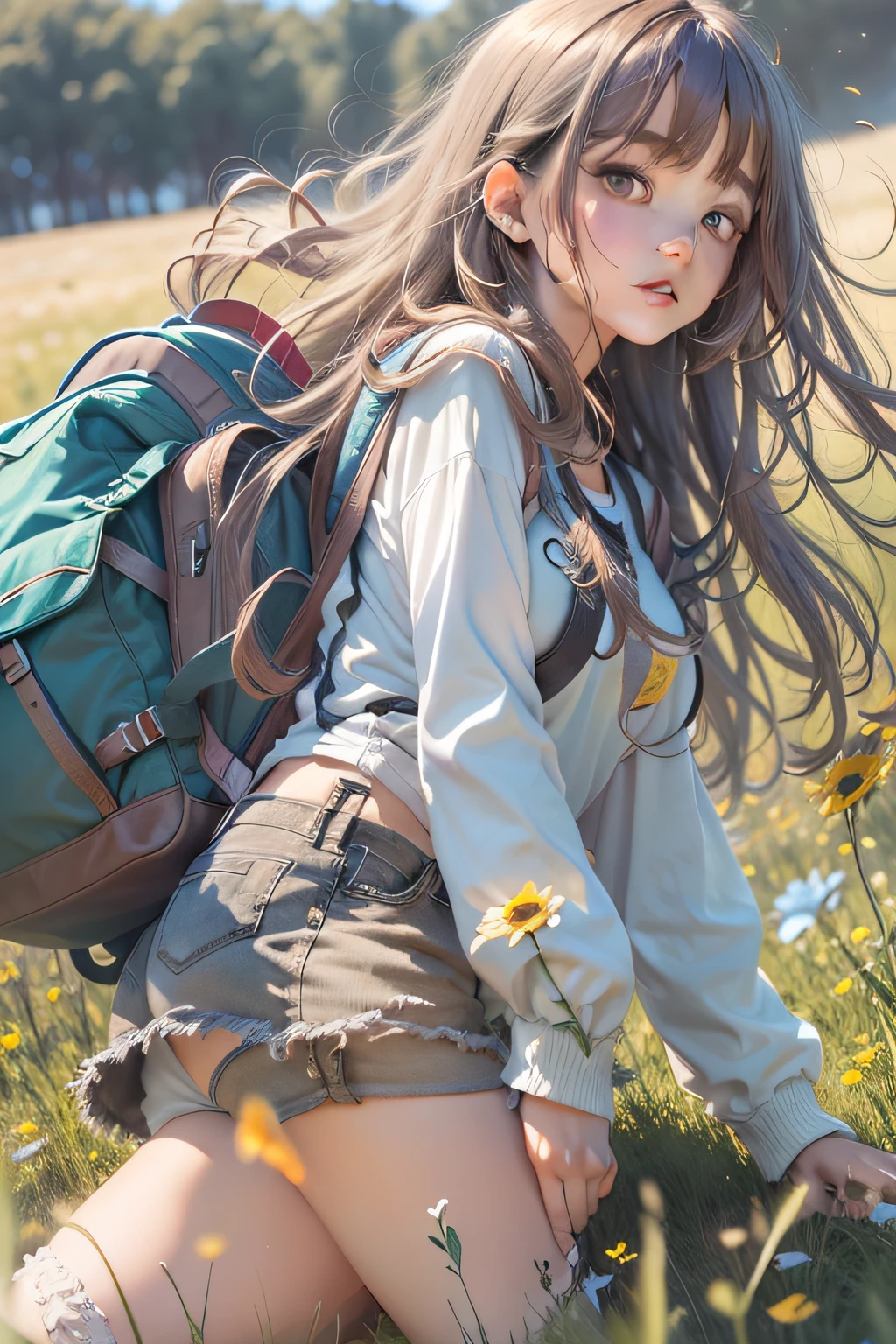 (The vast sky+Large grasslands),the moving visual effects,Colorful natural lighting,The middle of the meadow,long hair girl(backpacks,A long-sleeved top,shorts)