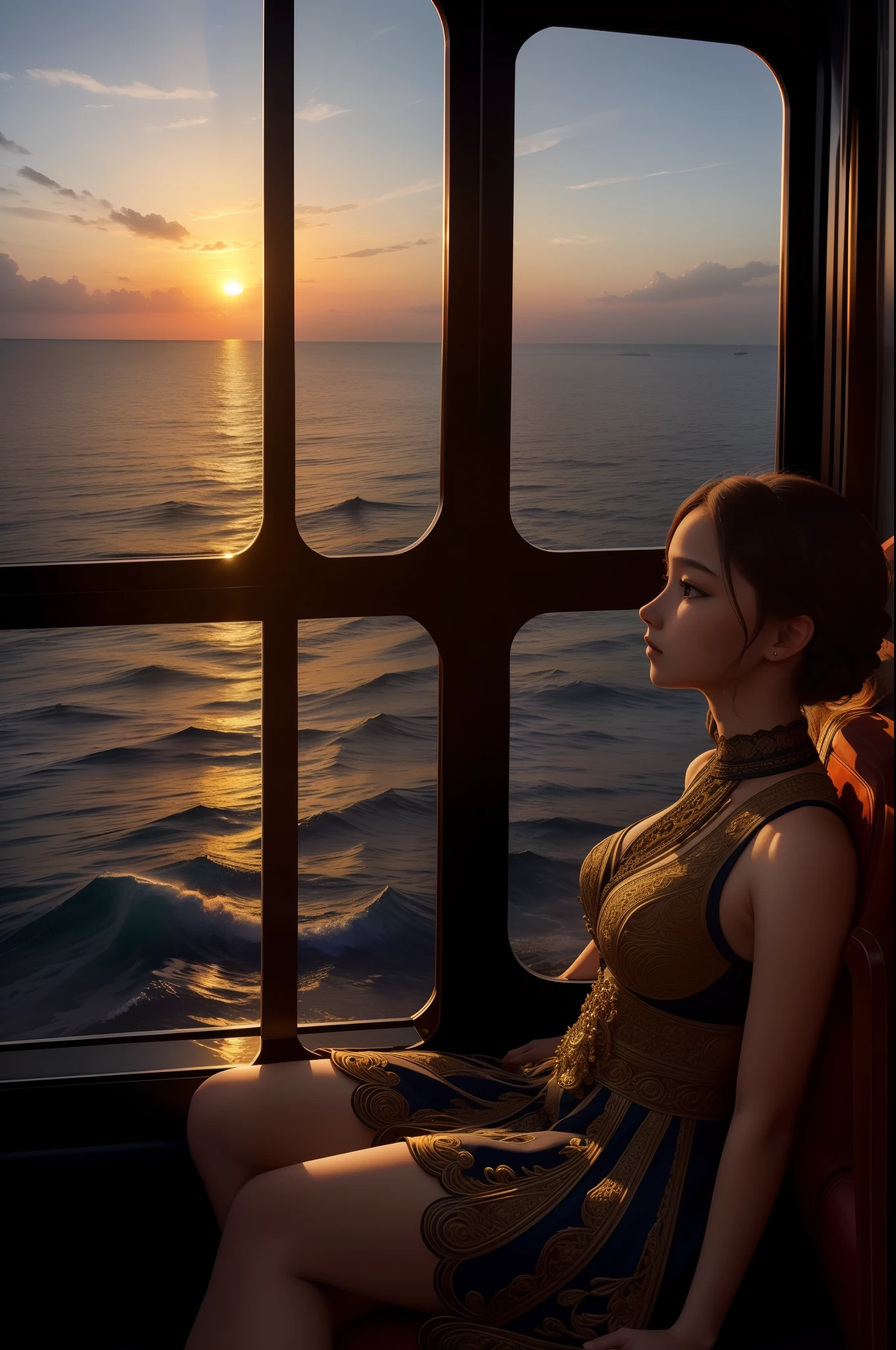 high details, best quality, 8k, [ultra detailed], masterpiece, best quality, (extremely detailed), shot from the rear, ultra wide shot, photorealistic, a beautiful woman (intricate details, Masterpiece, best quality: 1.6) elegantly dressed woman (intricate details, Masterpiece, best quality: 1.6), sitting in the bus seeing the sun going down through the window, sundown light, rich sea view background (intricate details, Masterpiece, best quality: 1.6) a view from the side, a sense of longing