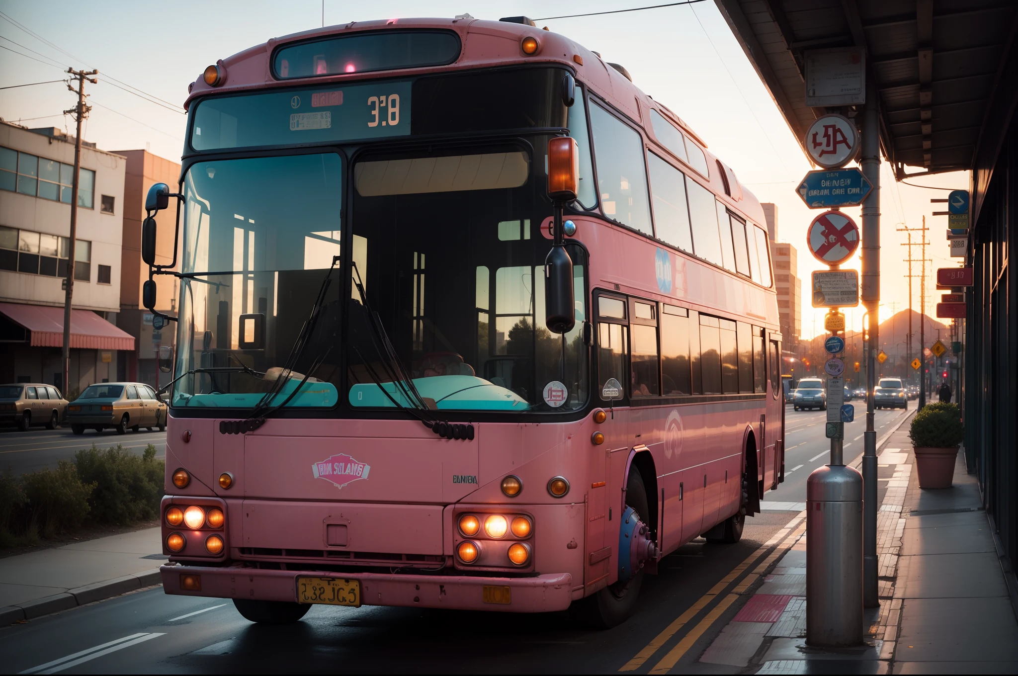 a bus journeys west,
the windshield flashing pink,
pink glancing off of metal,
brushing the dented flank
of blue, beat-up enamel