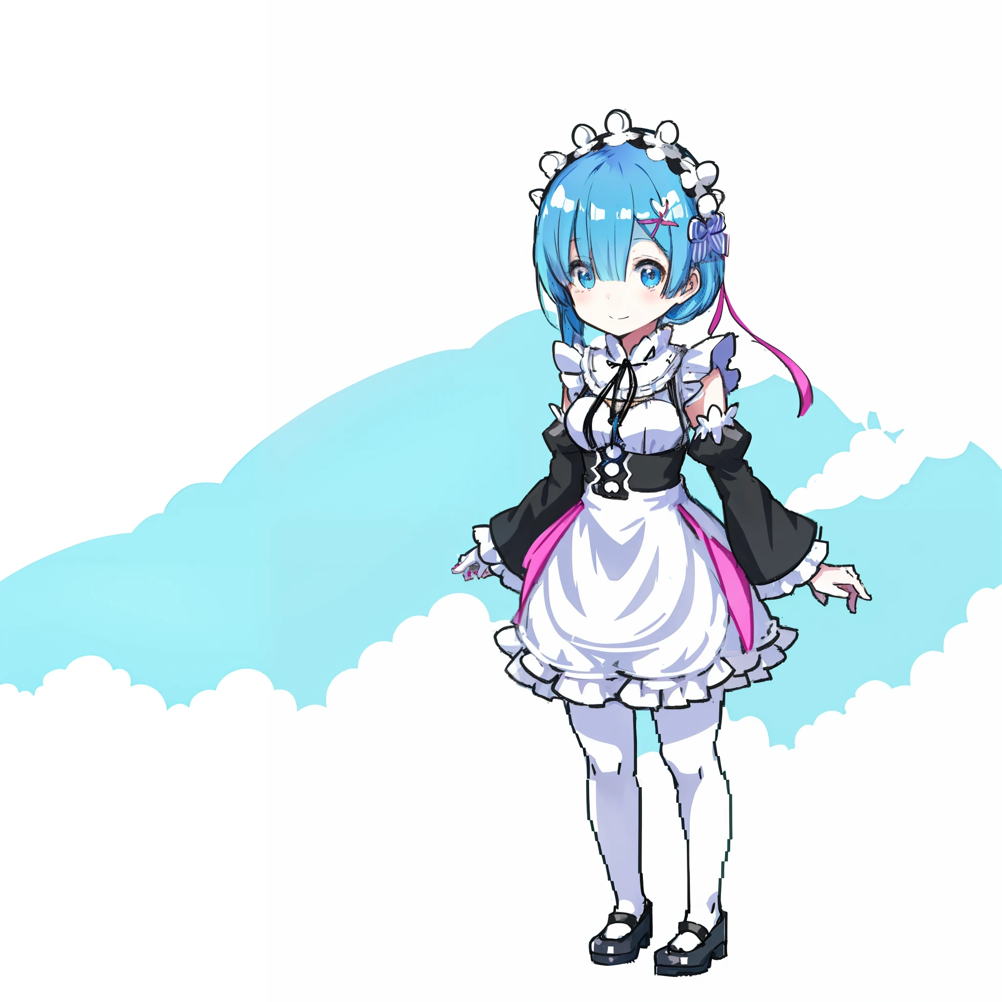 Anime girl with blue hair and black and white costume, Rem Rezero, loli in dress, small curvaceous loli, rimuru, Anime moe art style, [[[[grinning evily]]]], Loli, cute anime waifu in a nice dress, tsuaii, Blue woman with long hair, rimuru tempest, ayanami, maid，eye glass