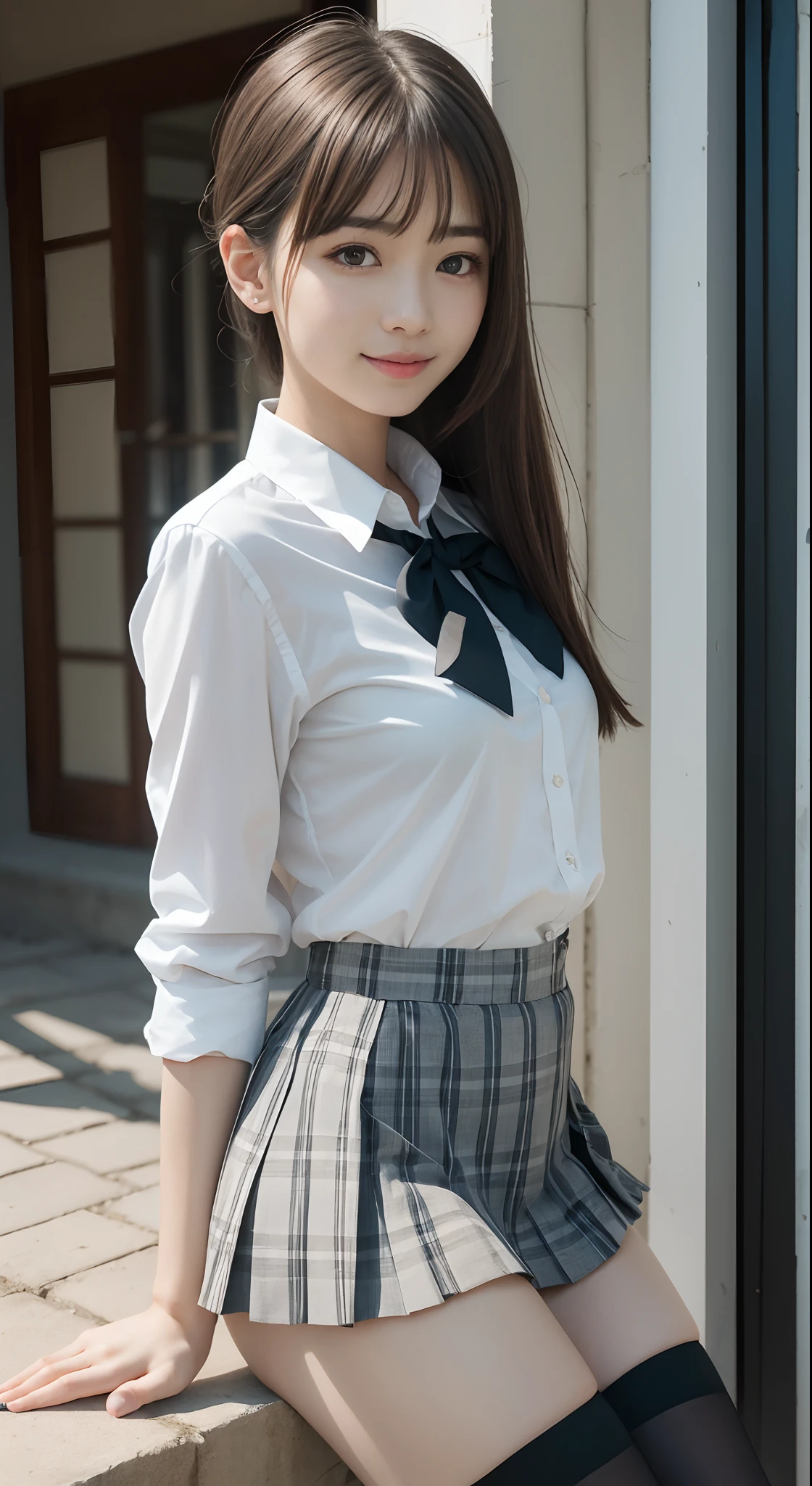 （in 8K、Raw photography、top-quality、​masterpiece：1.2),watching at viewers,Looking at the front,Tie a side ponytail、Hang your hair on your chest.,Bullish,Muchimuchi,Erotic,Pupils,Light Blue Bra,de pele branca,kne,absurderes,a small face,small tits,flat breast,Parting the bangs from the middle、Forehead visible,(A smile,Tight eyes,skinny,Rasping)、​masterpiece,top-quality、超A high resolution,Raw photo,ren,Beautiful fece,One Person, 独奏,eye glass,,Dark look,Small breasts,fullllbody,Round glasses、cute little、Back to Student,JK school uniform,hi-school girl,Korean Idol,is standing,（Photorealsitic：1.37）、Photon mapping,Realistic、Cute little face,Brown-eyed、Black socks、(Red bow tie)、Radio City、Physically Based Rendering、Foreground、depth of fields、Blurry background、a picture,The girls、Body,beauty legs, Long legs, Thin leg,Tie your hair into one strand on your chest,(Bangs are visible), hair, s lips, Blue_The eye, nosesoft,(Light blue shirt), (Plaid pleated skirt), Knees are visible,Sheer clothing,, Thigh, Black cotton socks,Nogizaka Idol, 女優, sit down and open legs、Exposed white underwear