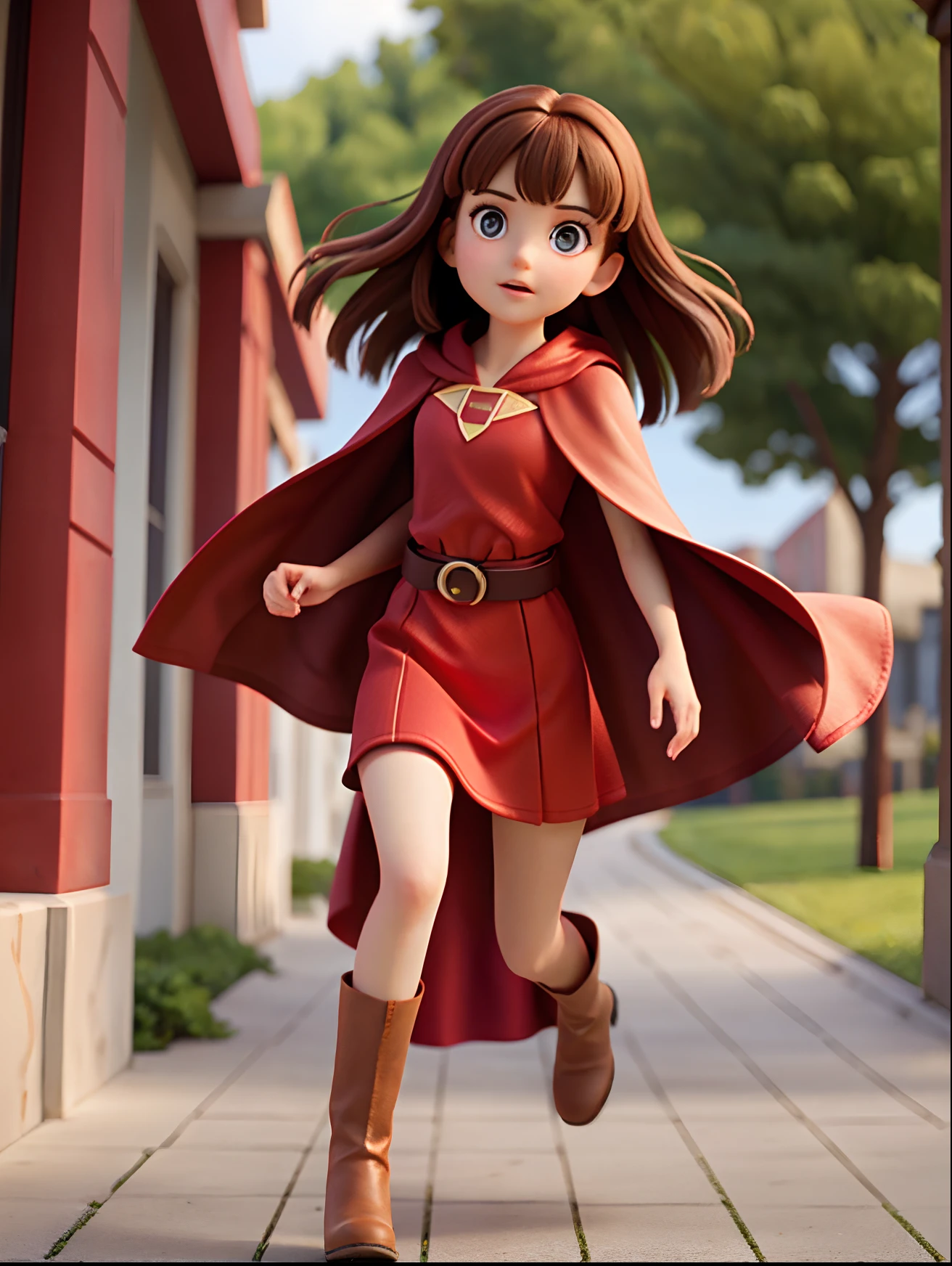 Brunette girl in long red cape,Long red dress,Brown boots, Same outfit,Brown belt,full bodyesbian,, Running,Beautiful face, Delicate face,beautidful eyes