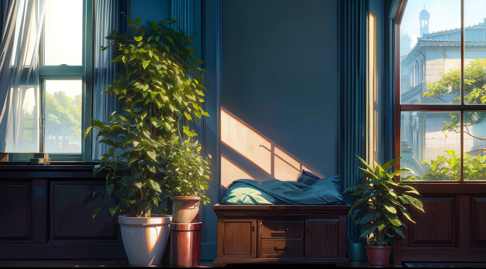 extreme hight detail，Warm light and shadow，The greenery outside the window spreads，The atmosphere in the room，Vines swayed over the windows，ultra HD picture quality，Create the best quality。