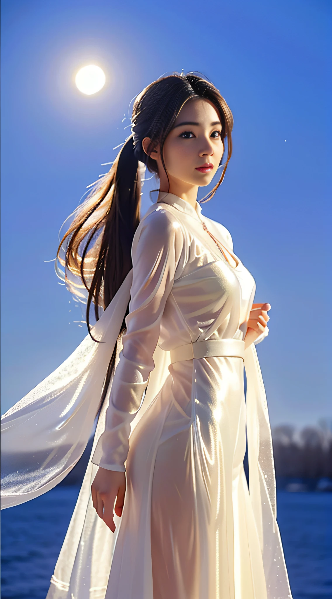 tmasterpiece,(best qualtiy:1.2),(super-fine:1.2),illustratio,(Extremely refined and beautiful:1.2),Movie Angle,floatking,(beatiful detailed eyes:1.1),(Detail light:1.1),电影灯光,Exquisite sky,woman,whaite hair,eBlue eyes,(high ponytails:1.1),cloaks,glowing light eyes,(themoon:1.2),(rays of moonlight:1.1),starrysky,(Light particles:1.1),mist,Snow painting,sketching,blooms,(see-through transparent clothes:1.3)