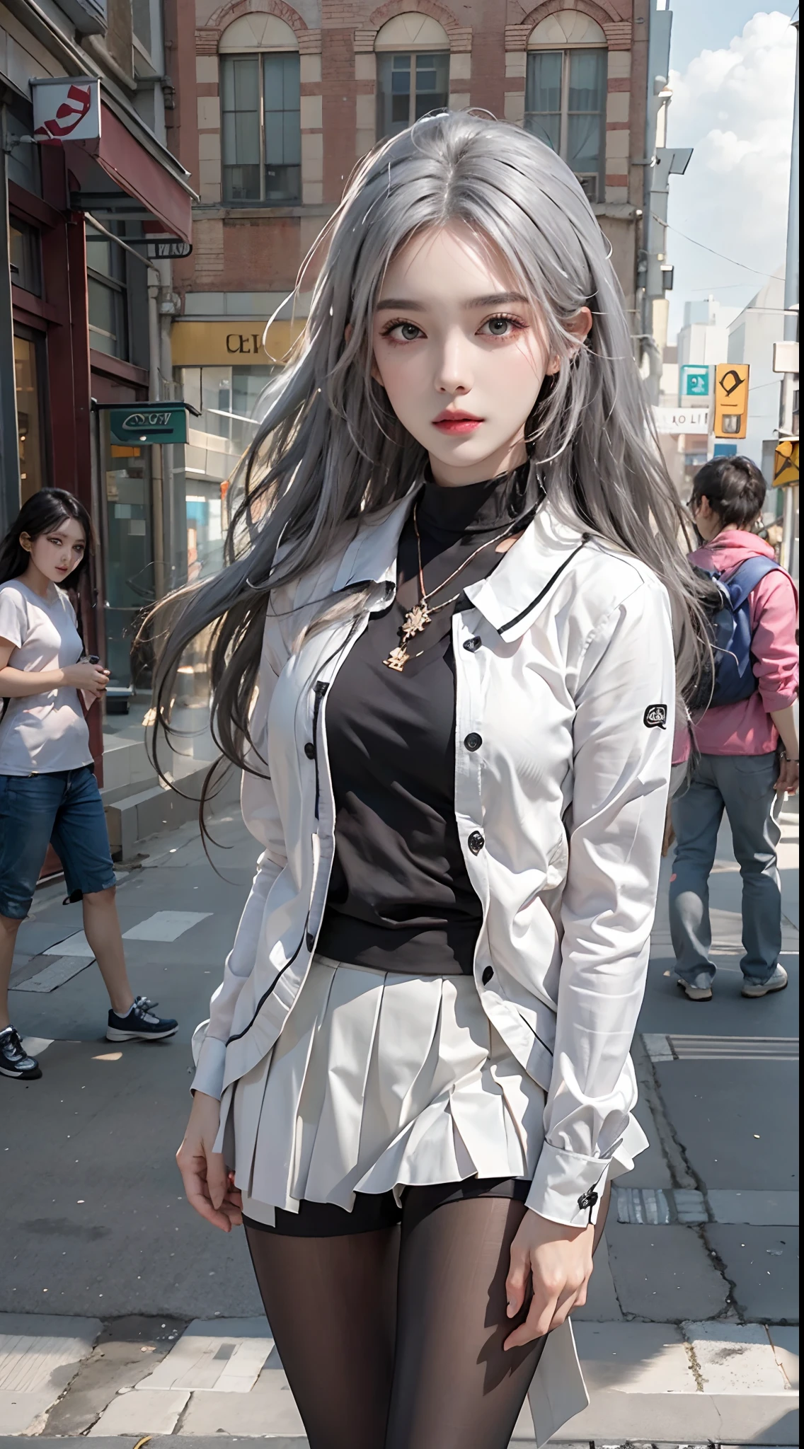 photorealistic, high resolution, 1women, solo, hips up, look at viewer, (detailed face), white hair, street wear, school uniform, jewelry