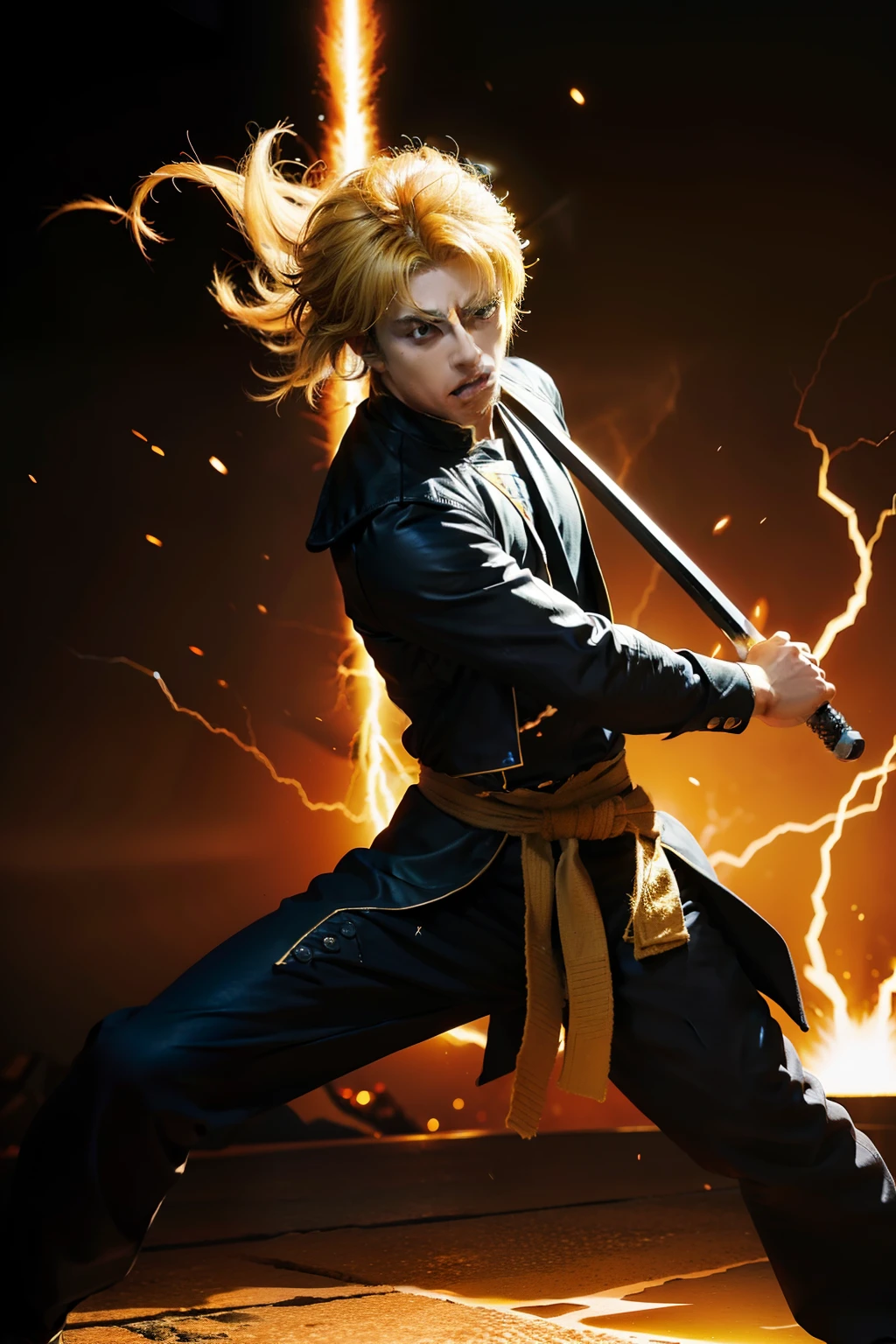 Cartoon illustration of a man with a sword, dio brando, fighting stance energy, Explosive lightning spells, Tanjiro Kamado,badass pose, dramatic wielding katana pose, Strongest Pose, My wife is good, childish, a blond, Yellow to orange haori