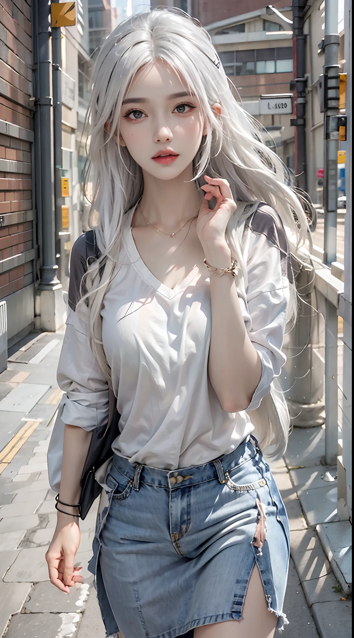 photorealistic, high resolution, 1women, solo, hips up, look at viewer, (detailed face), white hair, street wear, school uniform, jewelry