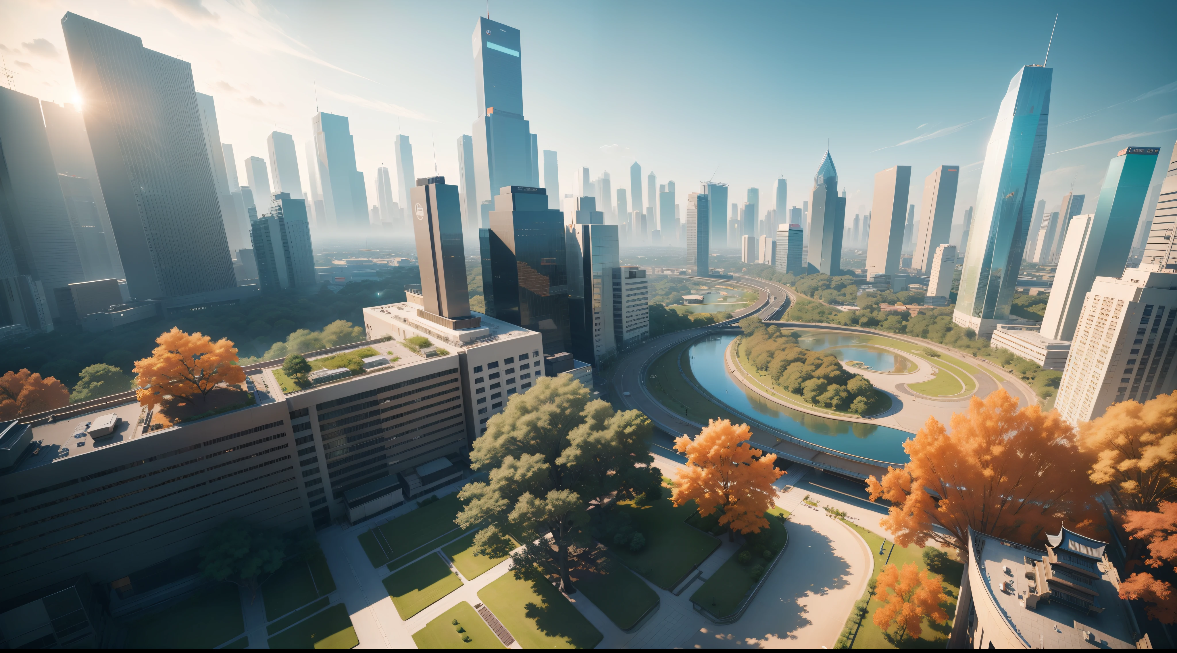 Aerial view of Genshin style,Tech City,Clear sky color, Crystal clear, Some orange plants and green trees, Wide-angle lens, Marvelous skyline, Many fast-flying cars, Giant planet background, Unreal Engine 5