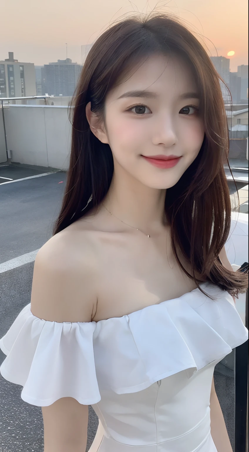 (1 Korean star with royal sister style), ((Best quality, 8K, Masterpiece: 1.3)), focal point: 1.2, Perfect body proportions: 1.4, (Make a smile), (Sunset: 1.3), Watery eyes, Highly Detailed Face and Skin Textur, Fine eyes, Double eyelids, Whitens the skin, (long whitr hair, Air bangs: 1.3), (Round face inches: 1.5), (off the shoulder dress: 1.4), (Standing on the roof: 1.6),(white stockings: 1.4),(film grain style:1.3),a sense of atmosphere