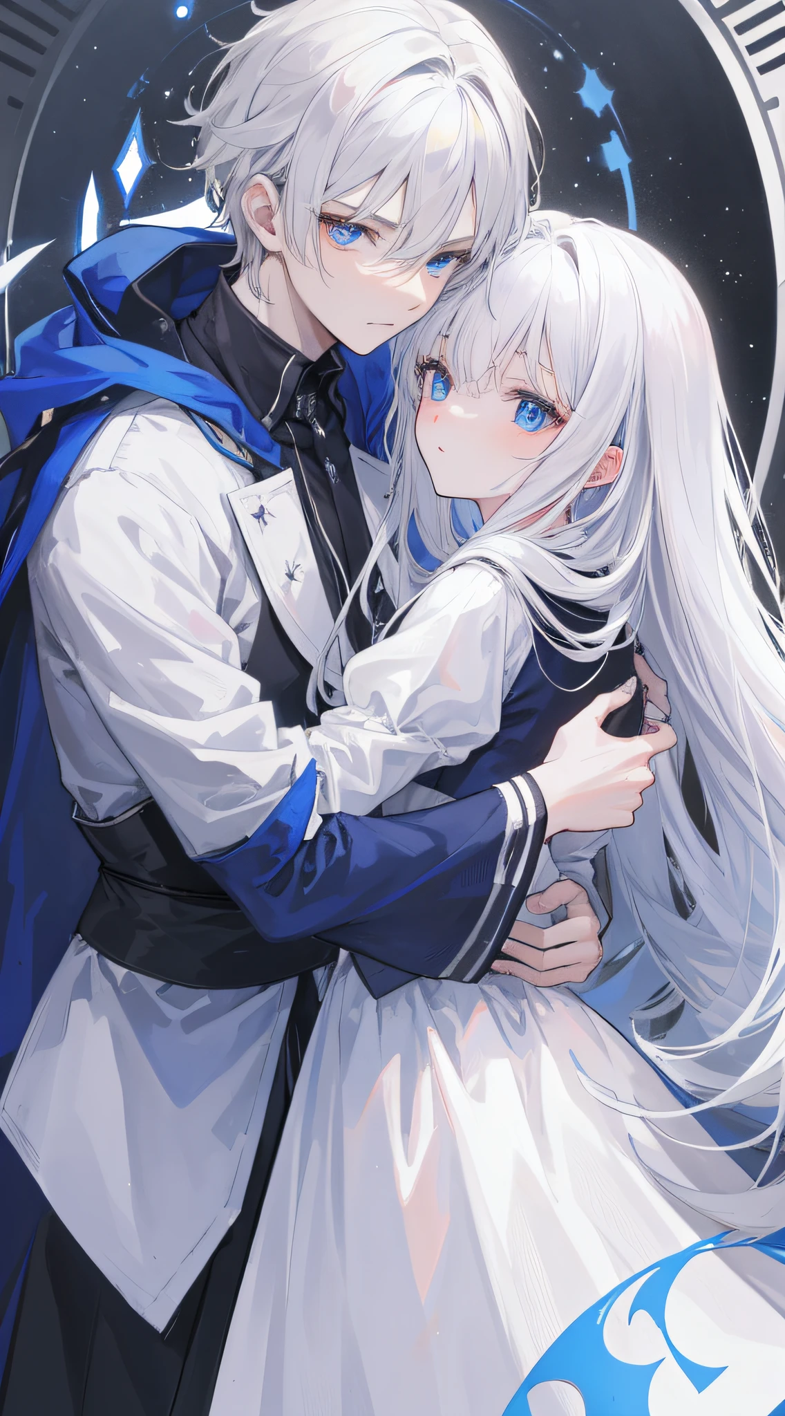 Anime couple hugging in front of a clock with stars and moon - SeaArt AI