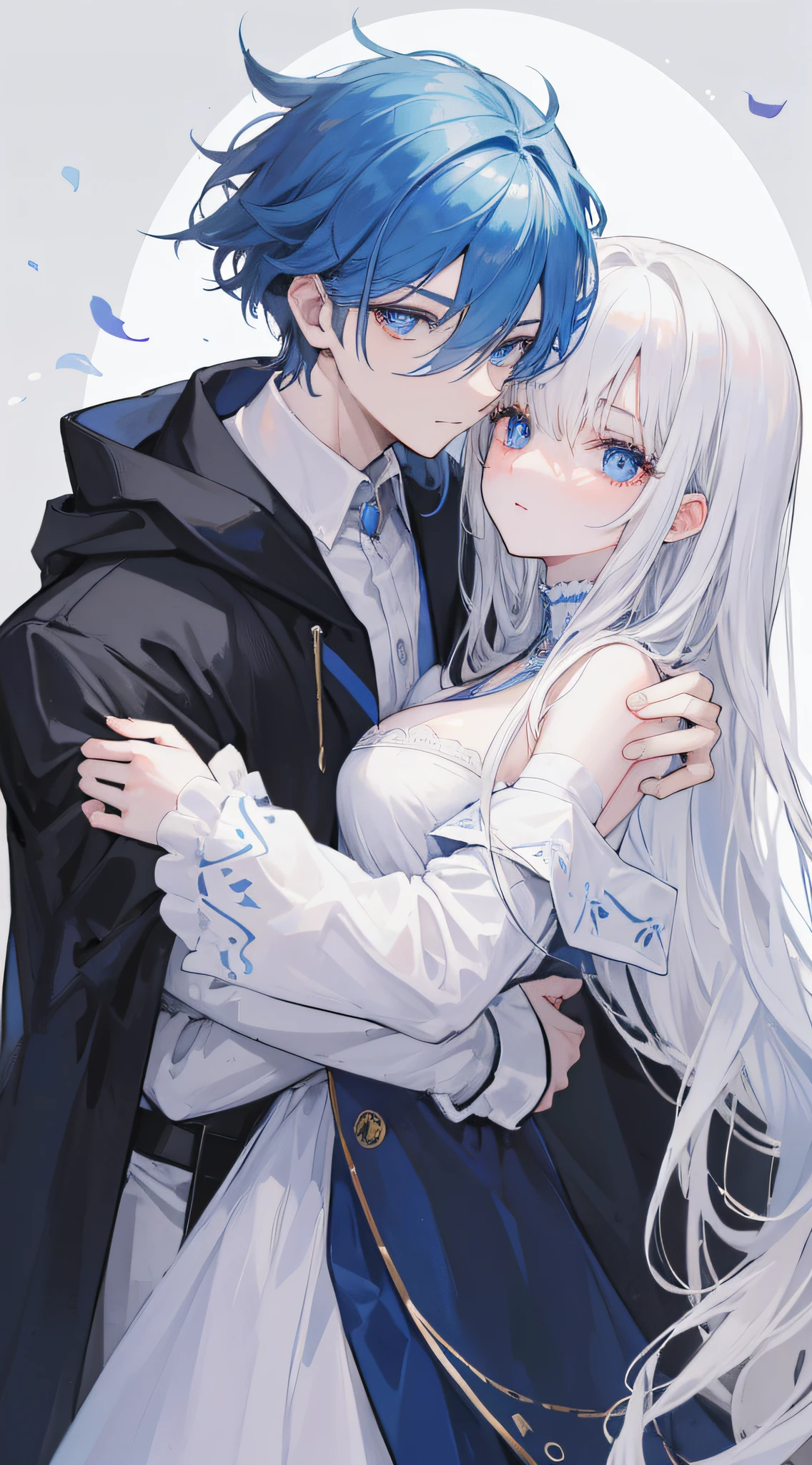 1man, sharp blue eyes with sharp pupils, white sharp hair and he was wearing black robes and, intimate hug with his lovely wife ((41 year old face))