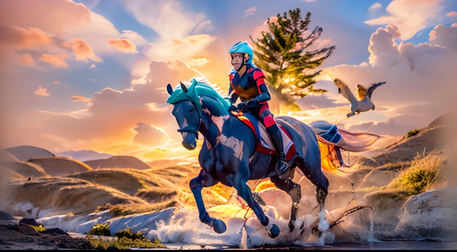 8 horses,Ultra-grand scenes,super wide shot,1#Horse one o'clock Pegasus,2#Horse: Three o'clock elf dragon horse,3#Horse nine o'clock unicorn,4#Horse four o'clock mechanical horse,5#Horse prime point wind elf horse,6#Ma had a nightmare at seven o'clock,7#Dial center knight,8#The horse randomly enters the chaos horse。In a large herd of horses,Extremely special and rare eight horses surround each other,Gallop across the steppe like a clock。The vast plains of the epic scene are rich in aquatic plants,In the distance is the snow-capped summit of Mount Everest,Snow creek flows into the sea,At the other end is the magnificent giant city,The horse team entered and exited from the city gate。
The Lightcast Pegasus from the Supreme Heaven has a rainbow aperture from the Supreme Heaven,She rides between light and pure,No additional ornaments are needed to highlight her dignity and holiness,Even the sky showed her a clear sky,She has a deep enmity with the nightmare heavy ride from hell,The two never put their heads next to each other,Surrounded by sulphurous flames, the Hellmare Heavy Ride makes every time a horse's hooves fall, stepping flat grass out of the lava from the ground,The sky in the steppe is brighter,It makes the earth deeper。
The wind wings of the wind elf horse let its position be erratic,She carries a cyan aperture lightly and always can't help but tease the mechanical horse,The mechanical horse is full of mecha beauty,The shoulder back position always reveals delicate mechanical fittings,Four kicks with a hydraulic pump and electromagnetic ejection device。
Unicorns want to steal all horses from their pure and flawless beauty,But on the side, the fairy dragon horse is comparing with it,Their unique elven-patterned armor and colorful saddles make them the most stylish horses。
The female knight is charging on her knightly warhorse,Her lofty ideals made her will unstoppable,There is no doubt that she is the protagonist of this picture。And a chaotic horse from uncha