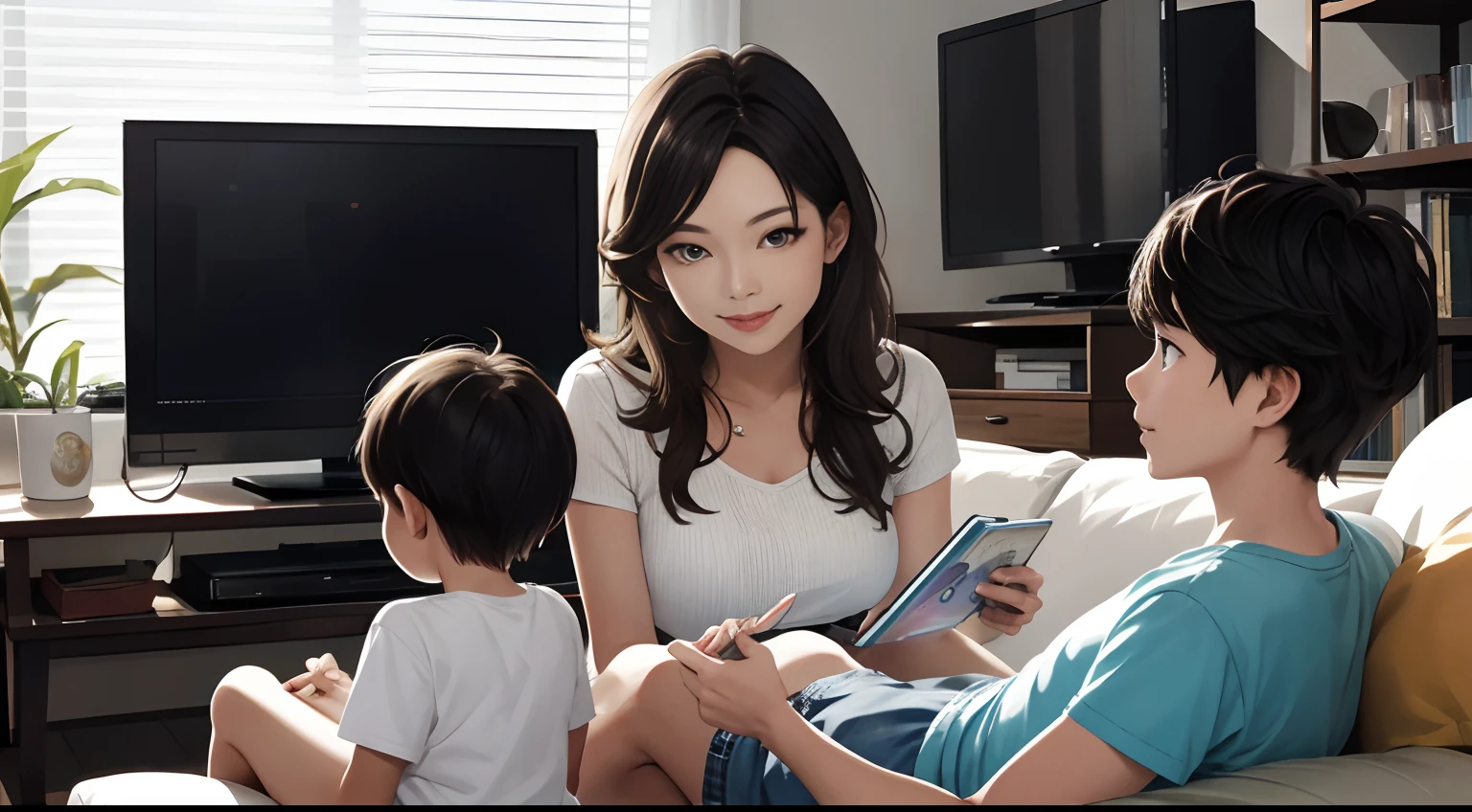 tmasterpiece,A high resolution,ultra - detailed,Adults watch TV with children,Warm picture
