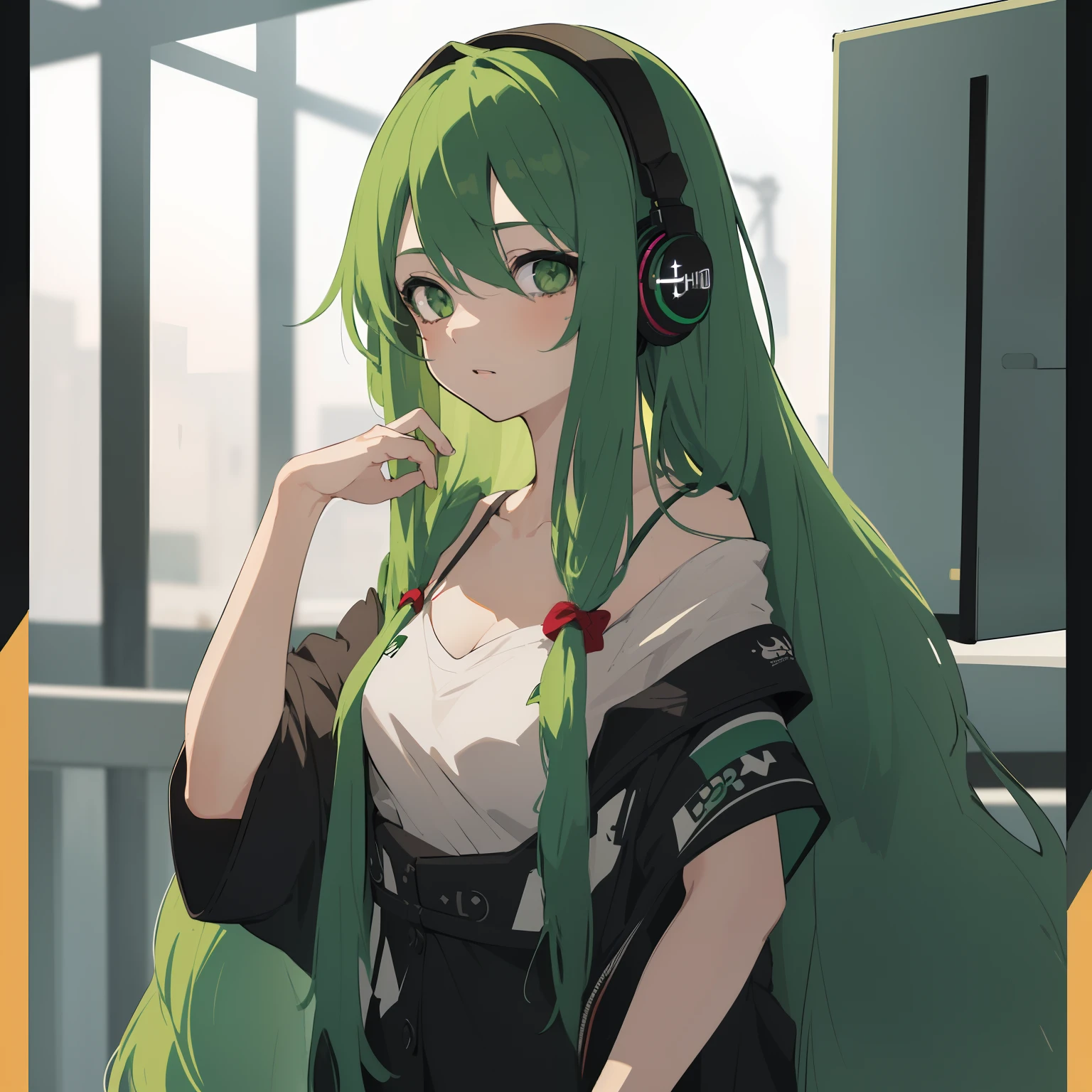 (1Girl), Beautiful girl, (Green Hair), Cute and pretty, (Gamers), (Used Headphone), (Bangs), (Long Hair 1:2), Looking a viewer, UHD, (Masterpiece), retina, anatomically correct, textured skin, super detail, (high details), (high quality), best quality, (highres), (8k), ((Anime Style Art))