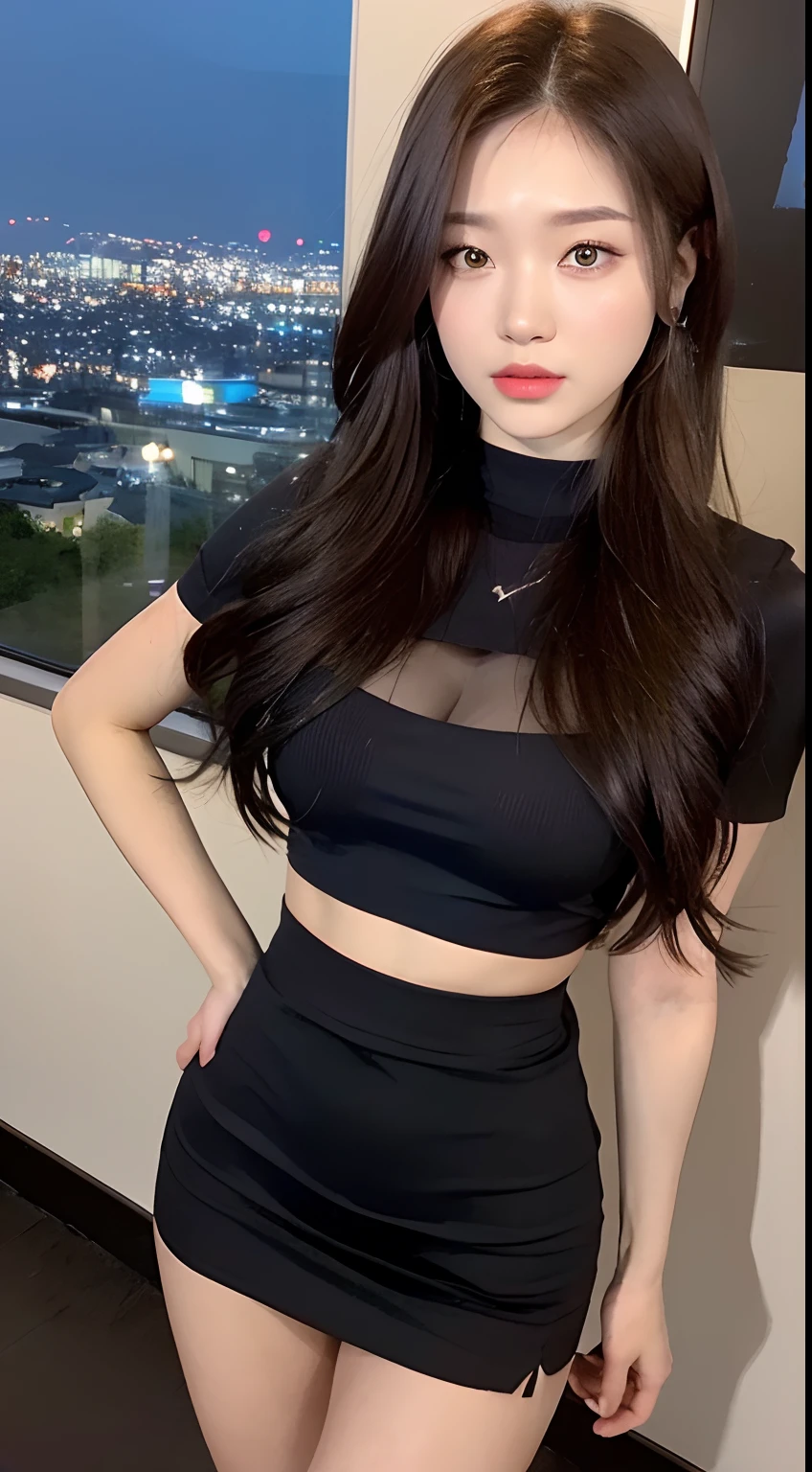 ((Midnight, Acura, 8K, Masterpiece: 1.3)), Full body, Long legs, Focal length: 1.2, Perfect Body Beauty: 1.4, Slim Abs: 1.1, ((Dark Brown Hair, Big Breasts: 1.2 )), (Tight knit, Short skirt, Standing: 1.2), ((City Night View, Roof: 1.3)), Highly detailed face and skin texture, Fine eyes, Double eyelids, buttocks