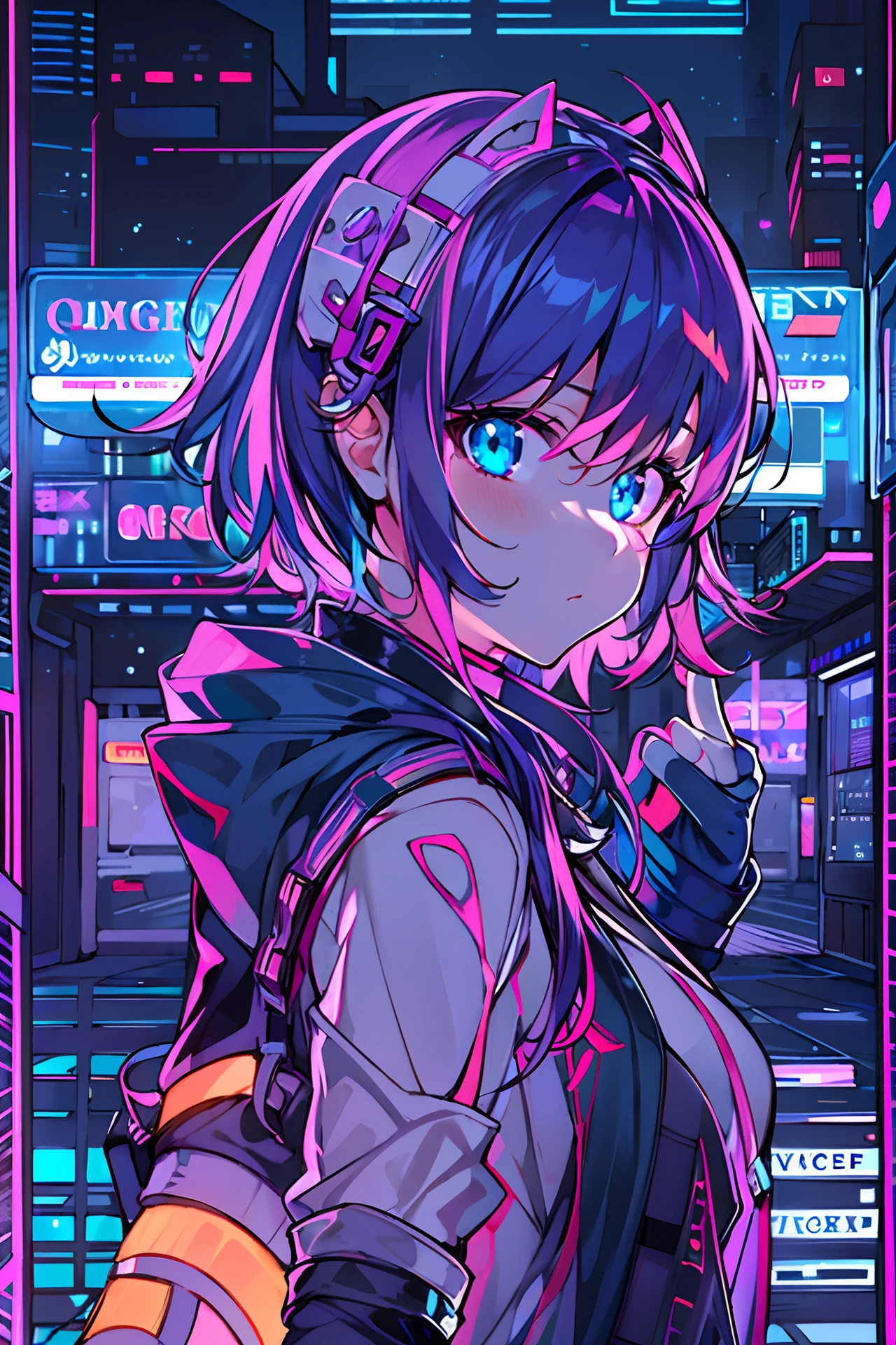 anime girl, portrait, cute, neon, cyberpunk, neon hair, neon eyes, dark blue and purple