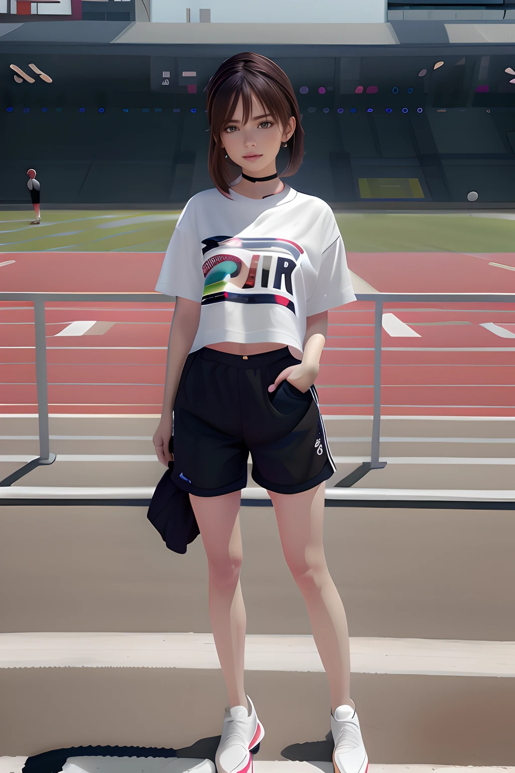 there is a woman standing on a tennis court holding a tennis racket, realistically rendered clothing, wearing track and field suit, cute sportswear, realistic clothing, sporty, realistic anime 3 d style, she is wearing streetwear, hyper realistic style, [ 4 k photorealism ]!!, casual pose, fashion shoot 8k, realistic artstyle, bra and shorts streetwear