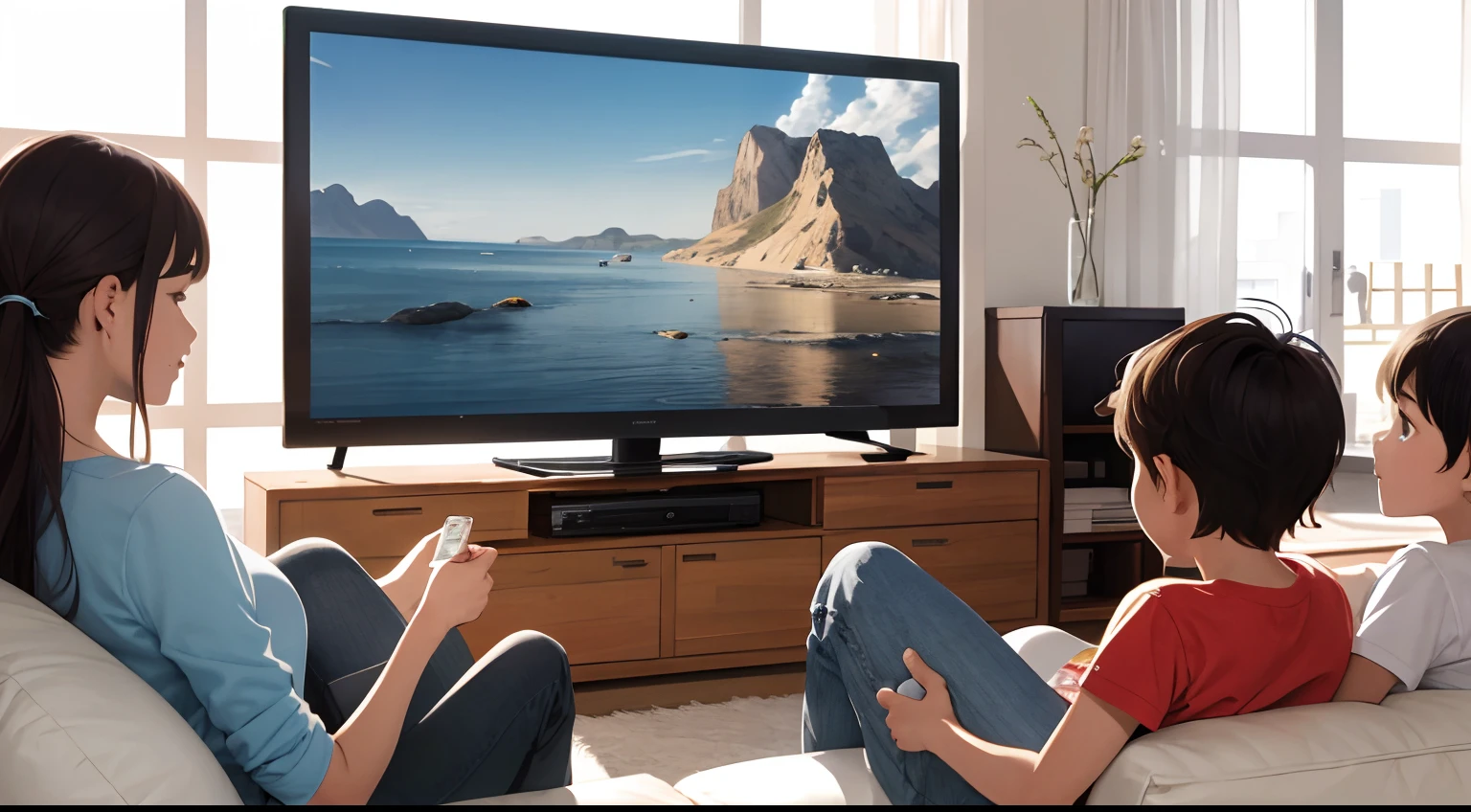 tmasterpiece,A high resolution,ultra - detailed,Adults watch TV with children,Warm picture