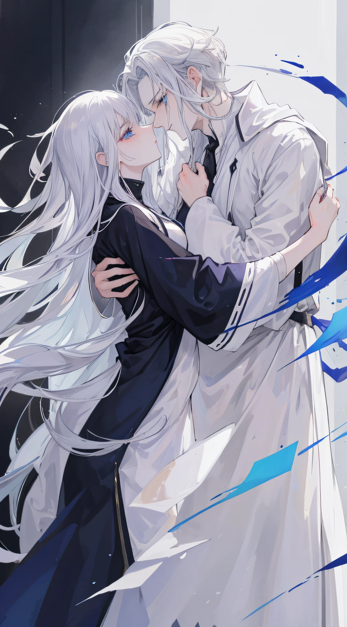 1man, sharp blue eyes with sharp pupils, white sharp hair and he was wearing black noble robes and, intimate hug and going to kiss with his lovely wife ((41 year old face))