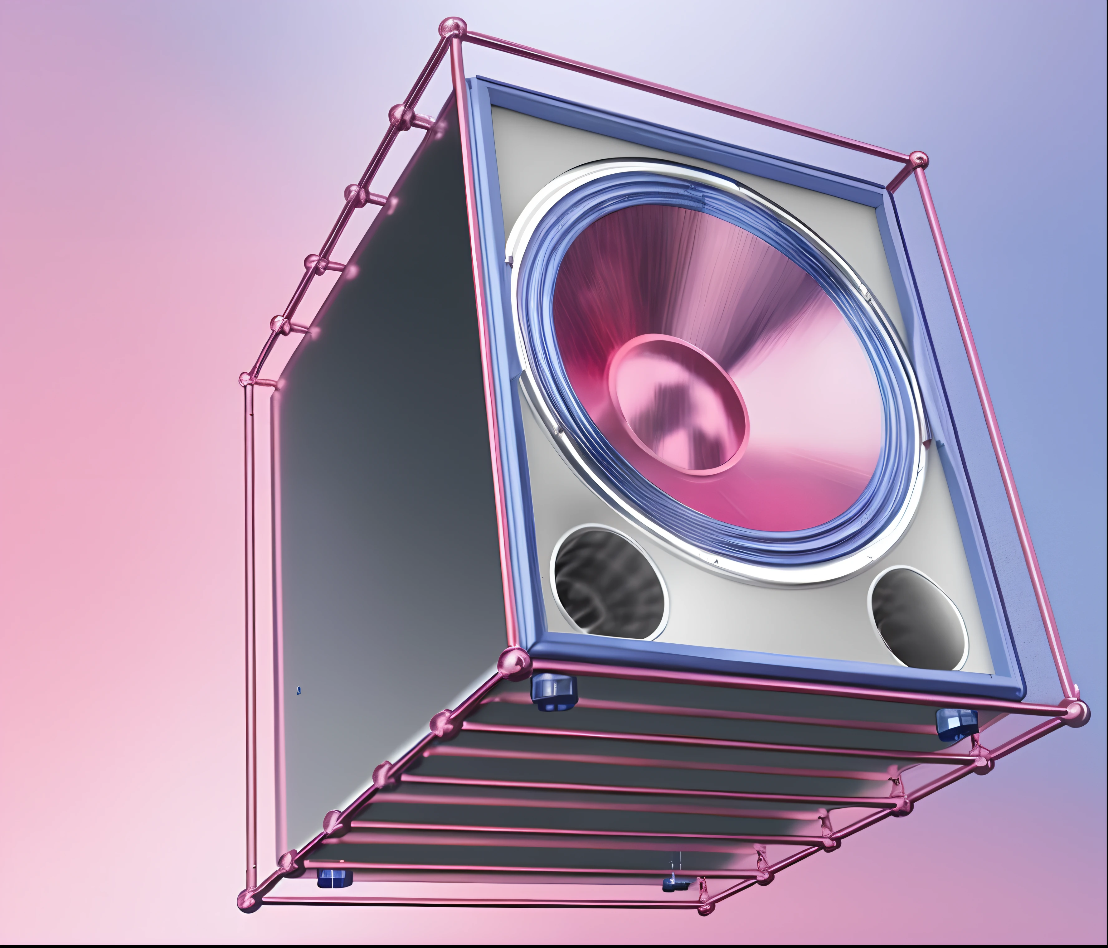 There is a speaker suspended in the air, Subwoofer, A high resolution, computer generated, A digital rendering, C4D,Octane renderer， full-colour illustration, 4K, a digital rendering, Hi-fi, a digital rendering, Commercial illustration, Giant speakers, Concept illustration, Stylized digital illustration, A high resolution, Stage speakers, high quality illustration, artist rendition, front left speaker