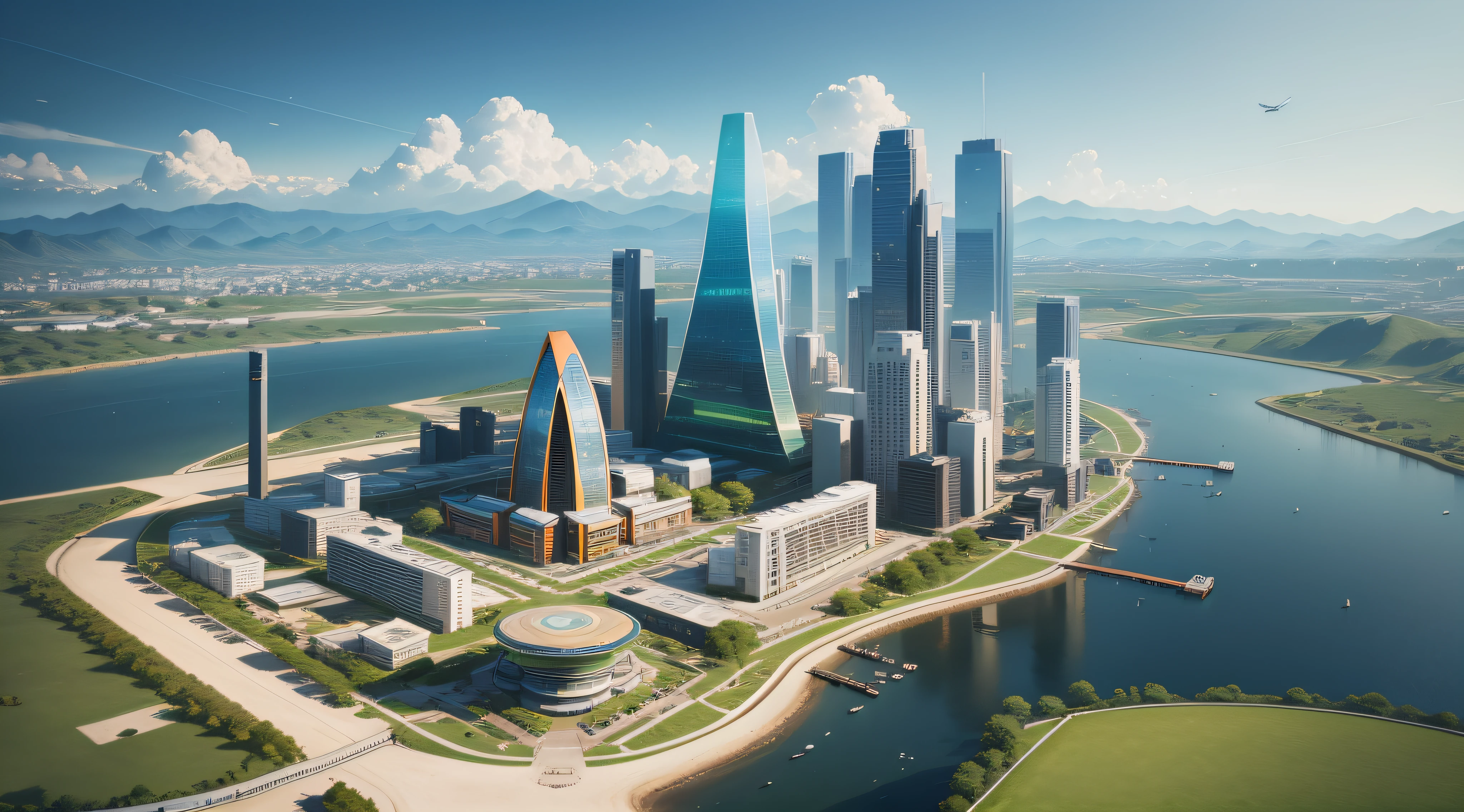 Aerial view of Genshin style,Tech City,Clear sky color, Crystal clear, Some orange plants and green trees, wide wide shot, Marvelous skyline, Many fast-flying cars, Giant planet background, Unreal Engine 5