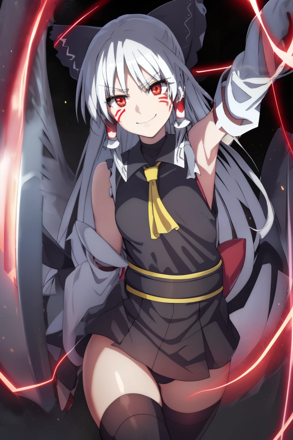 simple background,(((looking at viewer))),standing,staring straight,1girl,(((intricate iris, white hair,redeyes,))),evil smile,black jacket,leotard,inner glowing eyes,reinforce, 1girl,(((silver hair,red facepainting,evil smile))),cowboy shot,hakurei reimu, mahou shoujo lyrical nanoha,black hair bow, black ascot, black hair tubes, black miko detached sleeves,