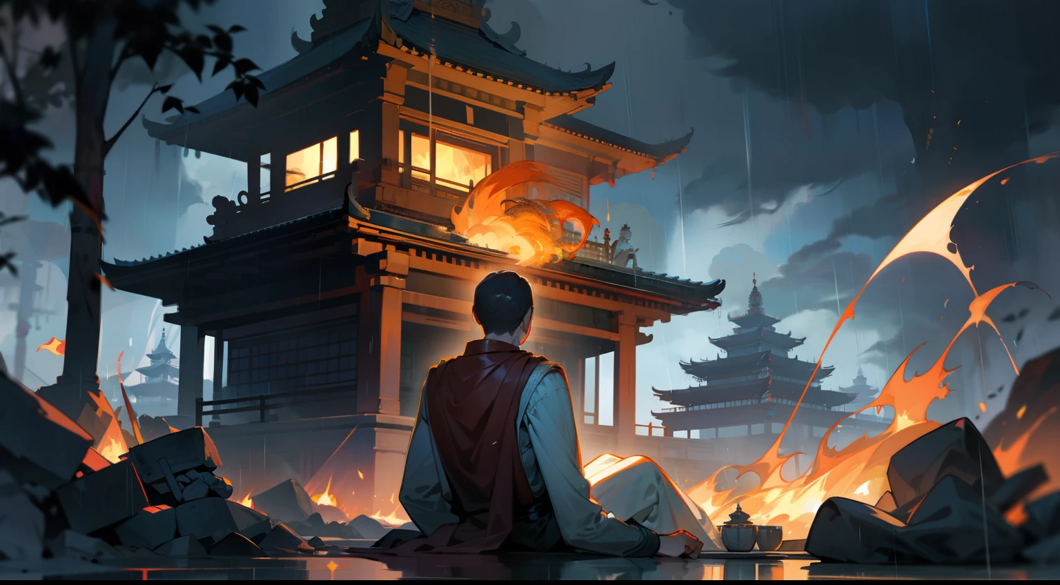 Thunder and lightning，hard rain pouring straight down，of a guy，Wear gorgeous clothes，Lie in front of the Buddha statue，Looking at the dim and dilapidated dilapidated temple，（BUDDHA STATUE），A fire burned the temple