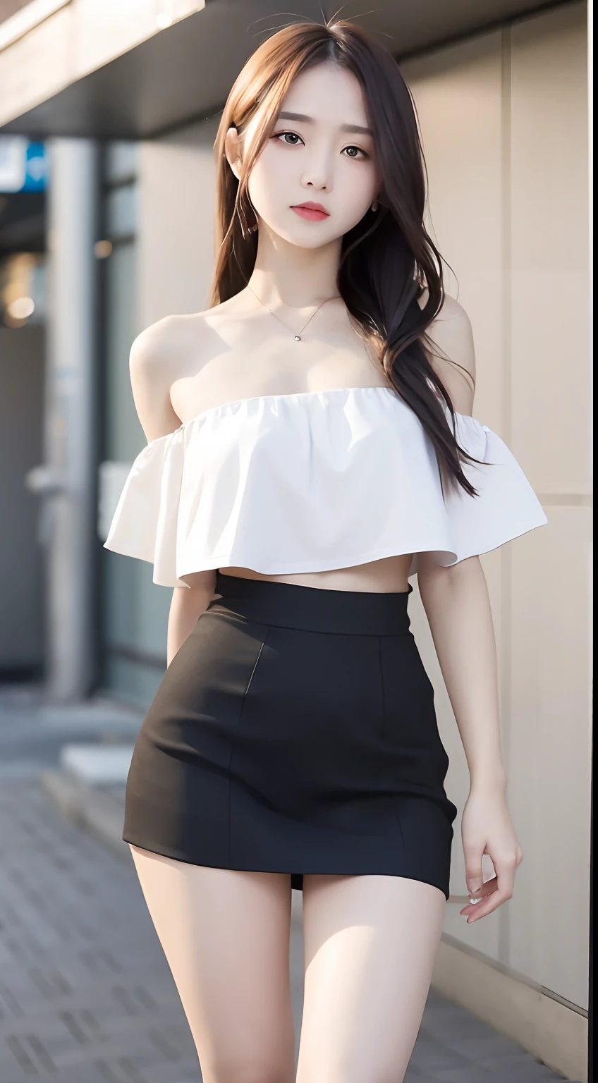 mix4，（8K， RAW images， best qualtiy， tmasterpiece： 1.2）， （realisticlying， Realistic pictures： 1.37） ，1girll， adolable， City view， Sateen， dampness， profesional lighting， photon maping， Radio City， Physically based displays， Bandeau，无袖，cropped shoulders，Crop topping，adolable，shyexpression，a skirt