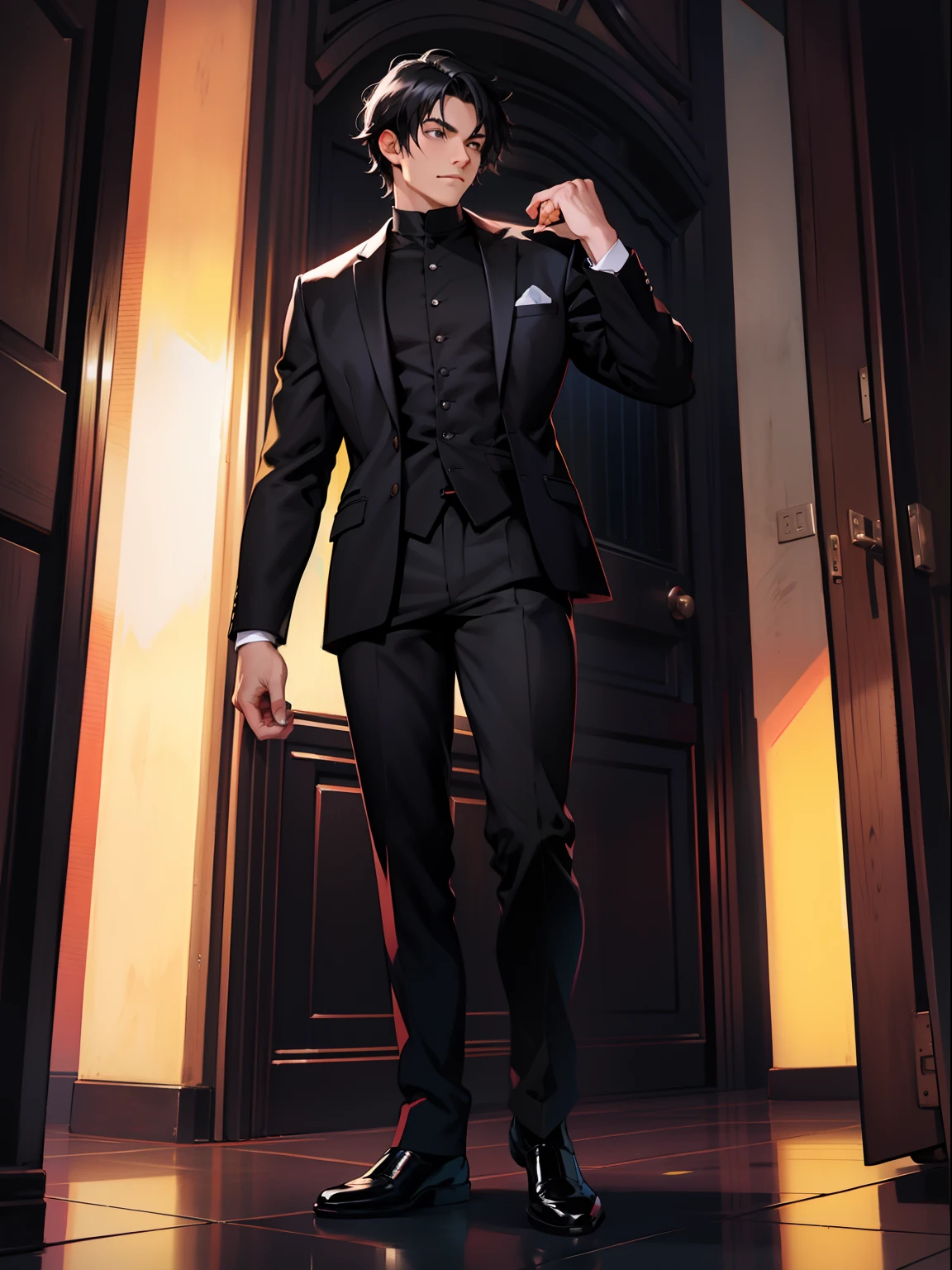 of a guy,black color hair,Tang suit,standing on your feet,nigth,A half body,