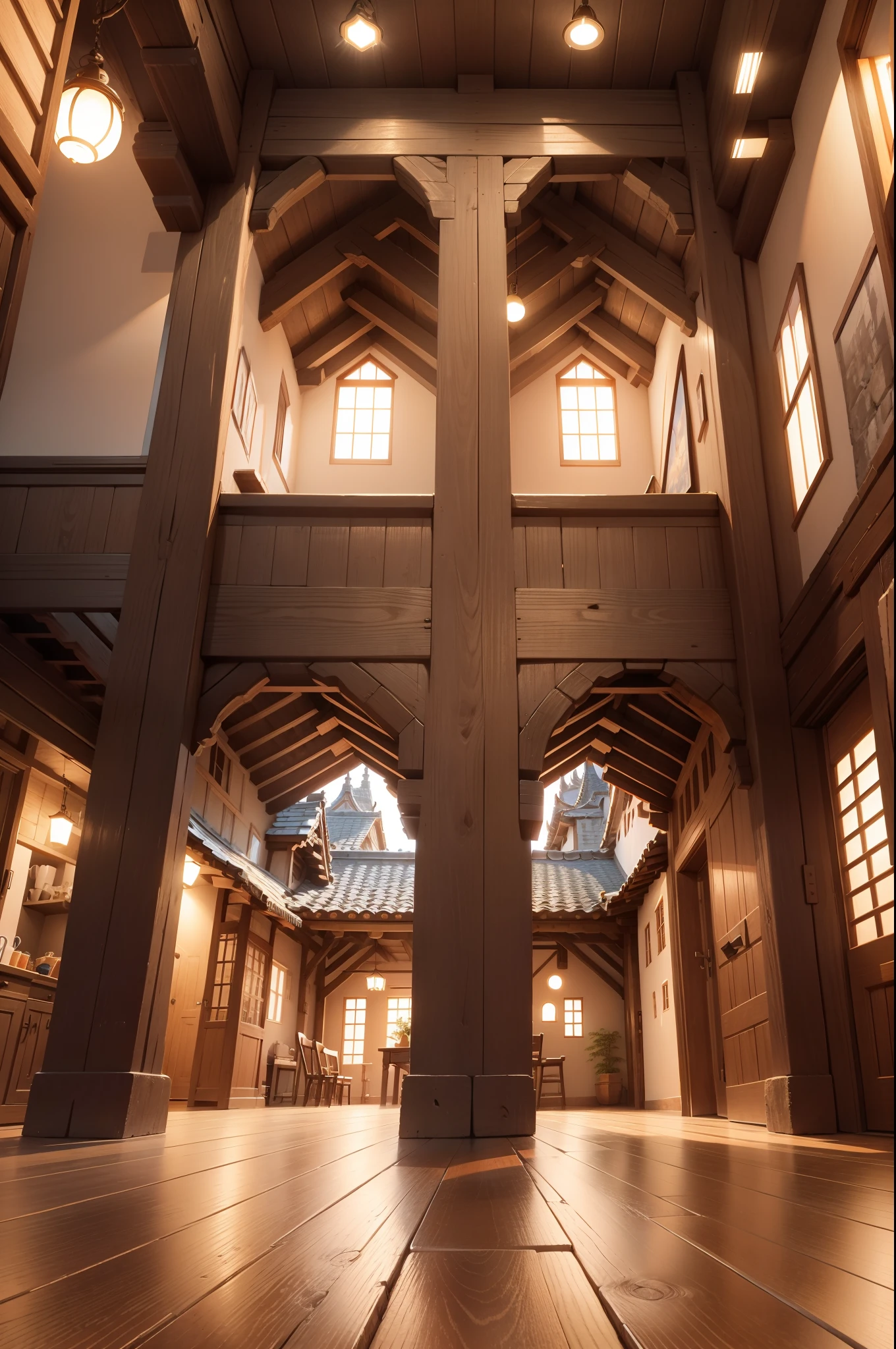 Buildings with wooden beams, View from a little below, View from below, Looking at the ceiling, Buttress, liang, Wooden support, View Up, interior view, Ventilation shaft, Illuminated from below, Guibli、Made of stone and wood、hiquality、medieval times