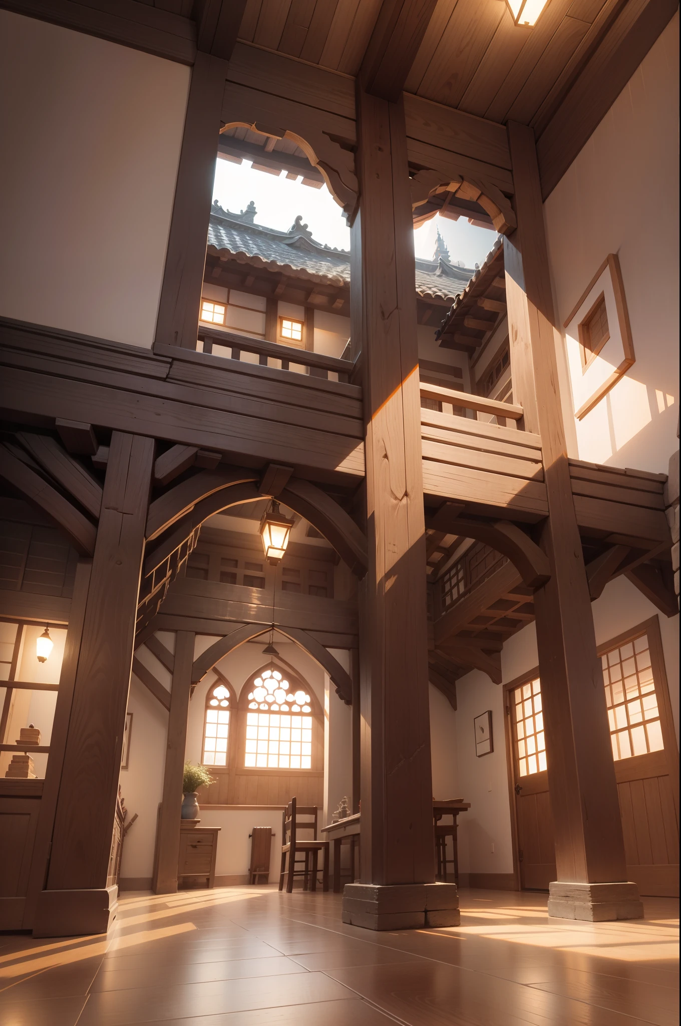 Buildings with wooden beams, View from a little below, View from below, Looking at the ceiling, Buttress, liang, Wooden support, View Up, interior view, Ventilation shaft, Illuminated from below, Guibli、Made of stone and wood、hiquality、medieval times