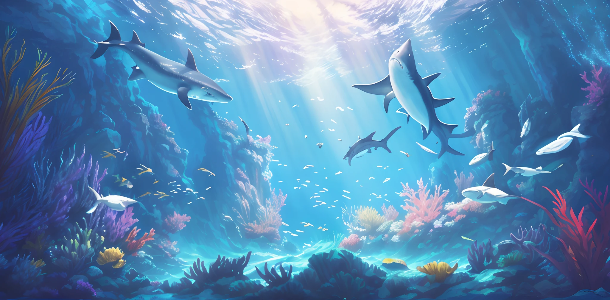 There is a painting of a shark swimming in a large aquarium, closeup cinematic aquatic scene, colorful anime movie background, A beautiful artwork illustration, 4 k hd wallpaper illustration, animated movie still, undersea environment, 4 k hd illustrative wallpaper, Underwater scene, Official illustration, Makoto Shinkai Cyril Rolando, Beautiful art UHD 4 K, realistic scene,8k smooth, RAW photo, Best quality, Masterpiece:1.4,Cinematic art ultra high resolution, Ultra-detailed, Hyper-realistic,Realistic rendering and detail,octane