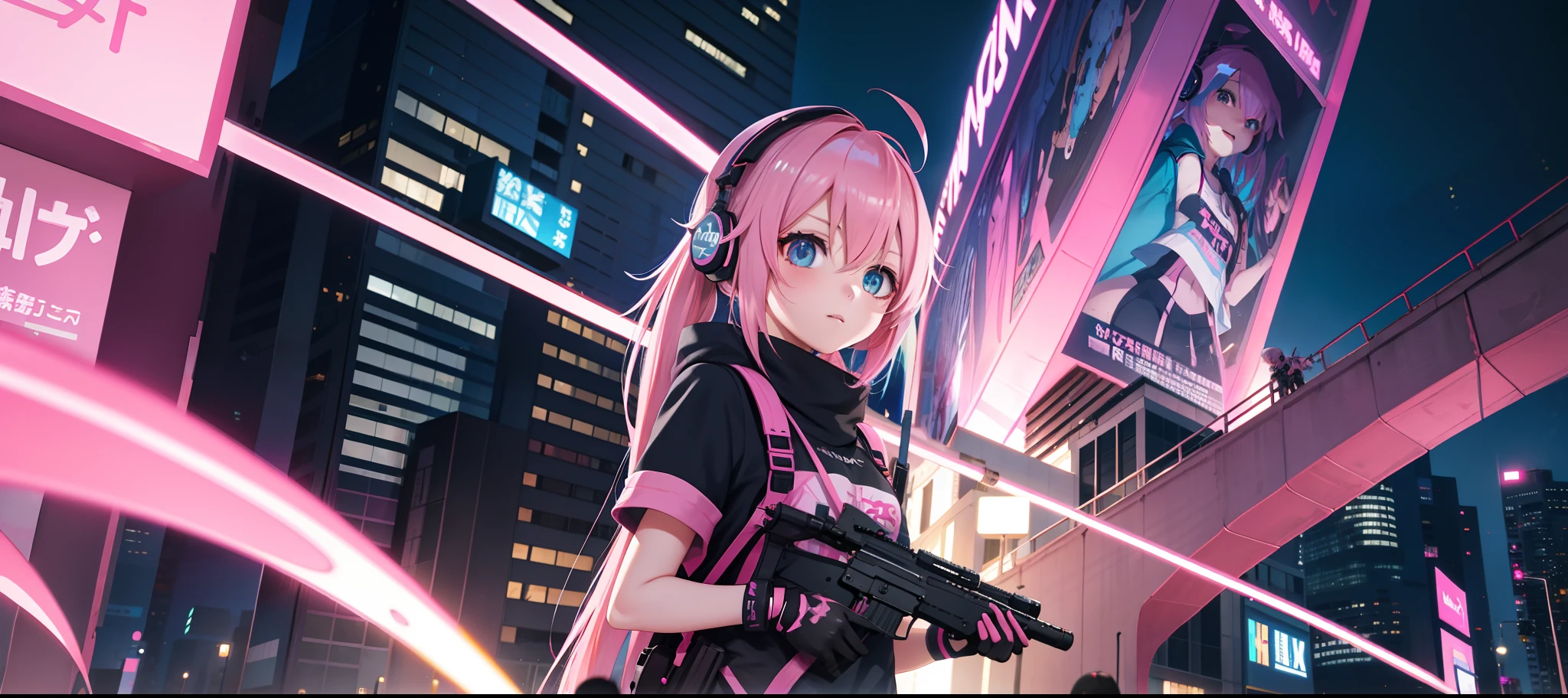 anime girl with pink hair and headphones in a city, splash art anime loli, anime moe artstyle, nightcore, humanoid pink female squid girl, modern cyberpunk anime, style of madhouse studio anime, pink twintail hair and cyan eyes, anime style 4 k, ig studios anime style, m4 sopmod ii girls frontline