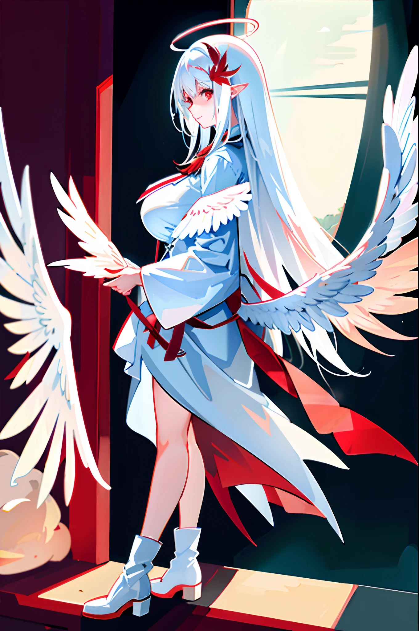 ((Red feather ornaments)), ((((Huge white wings)))), White cloak, White boots, (frontage),  Under the sunlight, By the window, White hair, bangs, ahoge, Long hair, Halo, Red eyes, Blush, Blush, Light smile, High detail, anime big breast, Chiaroscuro, Ray tracing, shadowing, character sheets, first person perspective, 16k, hyper HD, Masterpiece, High quality, High details, Award-Awarded, Best quality, ccurate, Anatomically correct