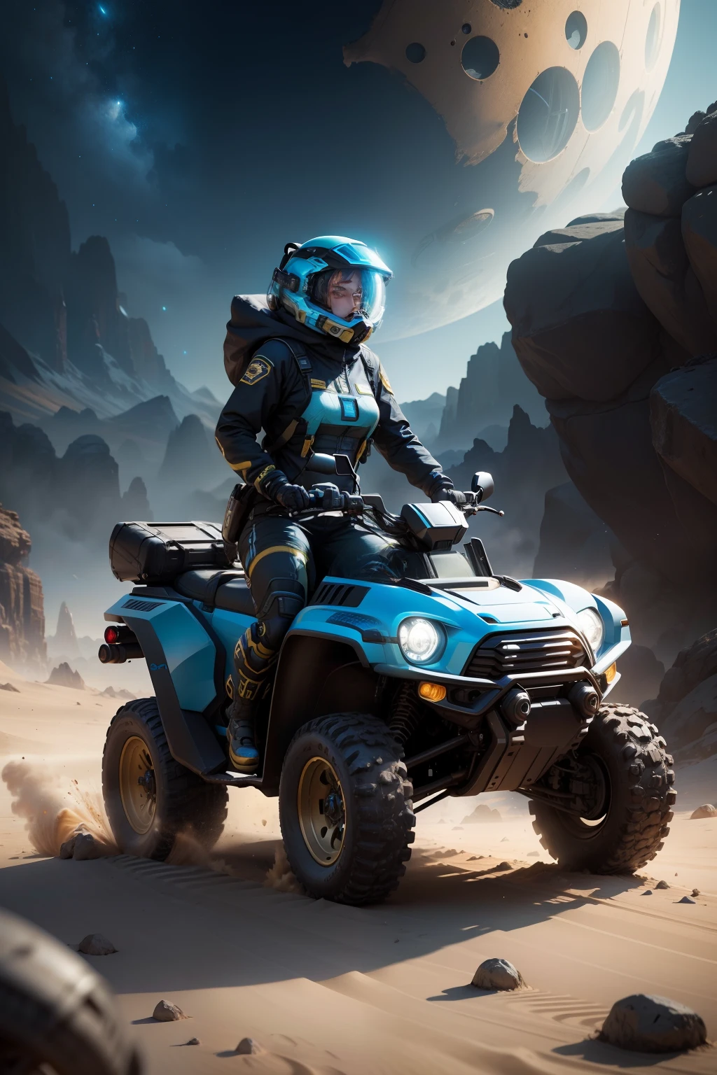 a vibrant cinematic full body photo of a female adventure in an alien world, driving a mini tank ATV. future transport, octane render, high quality ultra future blue an gold space combat visor up, alien planet background