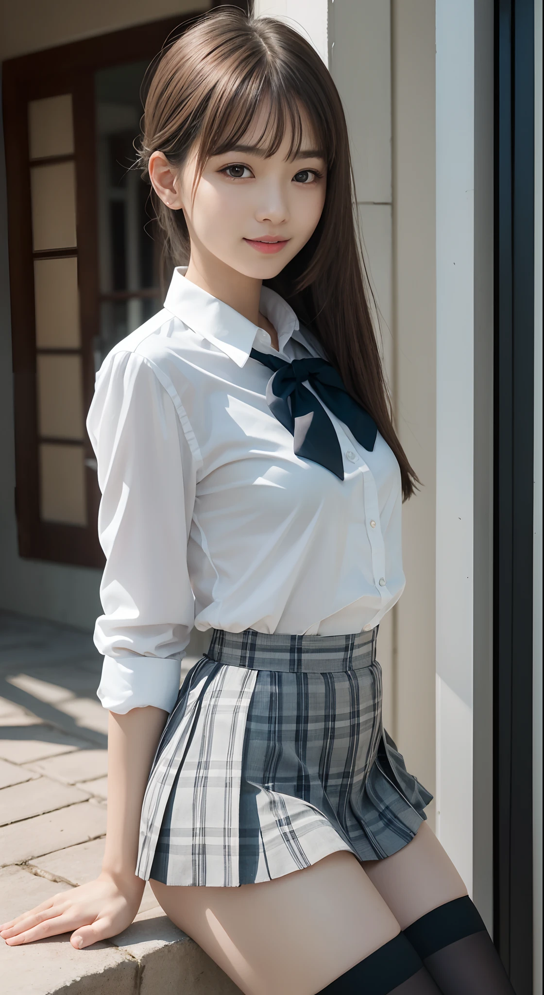 (in 8K、Raw photography、top-quality、masterpiece:1.2),watching at viewers,Looking at the front,Tie a side ponytail、Hang your hair on your chest.,Bullish,Muchimuchi,Erotic,Pupils,Light Blue Bra,de pele branca,kne,absurderes,a small face,small tits,flat breast,Parting the bangs from the middle、Forehead visible,(A smile,Tight eyes,skinny,Rasping)、masterpiece,top-quality、超A high resolution,Raw photo,ren,Beautiful fece,One Person, 独奏,eye glass,,Dark look,Small breasts,fullllbody,Round glasses、cute little、Back to Student,JK school uniform,hi-school girl,Korean Idol,is standing,(Photorealsitic:1.37)、Photon mapping,Realistic、Cute little face,Brown-eyed、Black socks、(Red bow tie)、Radio City、Physically Based Rendering、Foreground、depth of fields、Blurry background、a picture,The girls、Body,beauty legs, Long legs, Thin leg,Tie your hair into one strand on your chest,(Bangs are visible), hair, s lips, Blue_The eye, nosesoft,(Light blue shirt), (Plaid pleated skirt), Knees are visible,Sheer clothing,, Thigh, Black cotton socks,Nogizaka Idol, 女優, sit down and open legs、Exposed white underwear