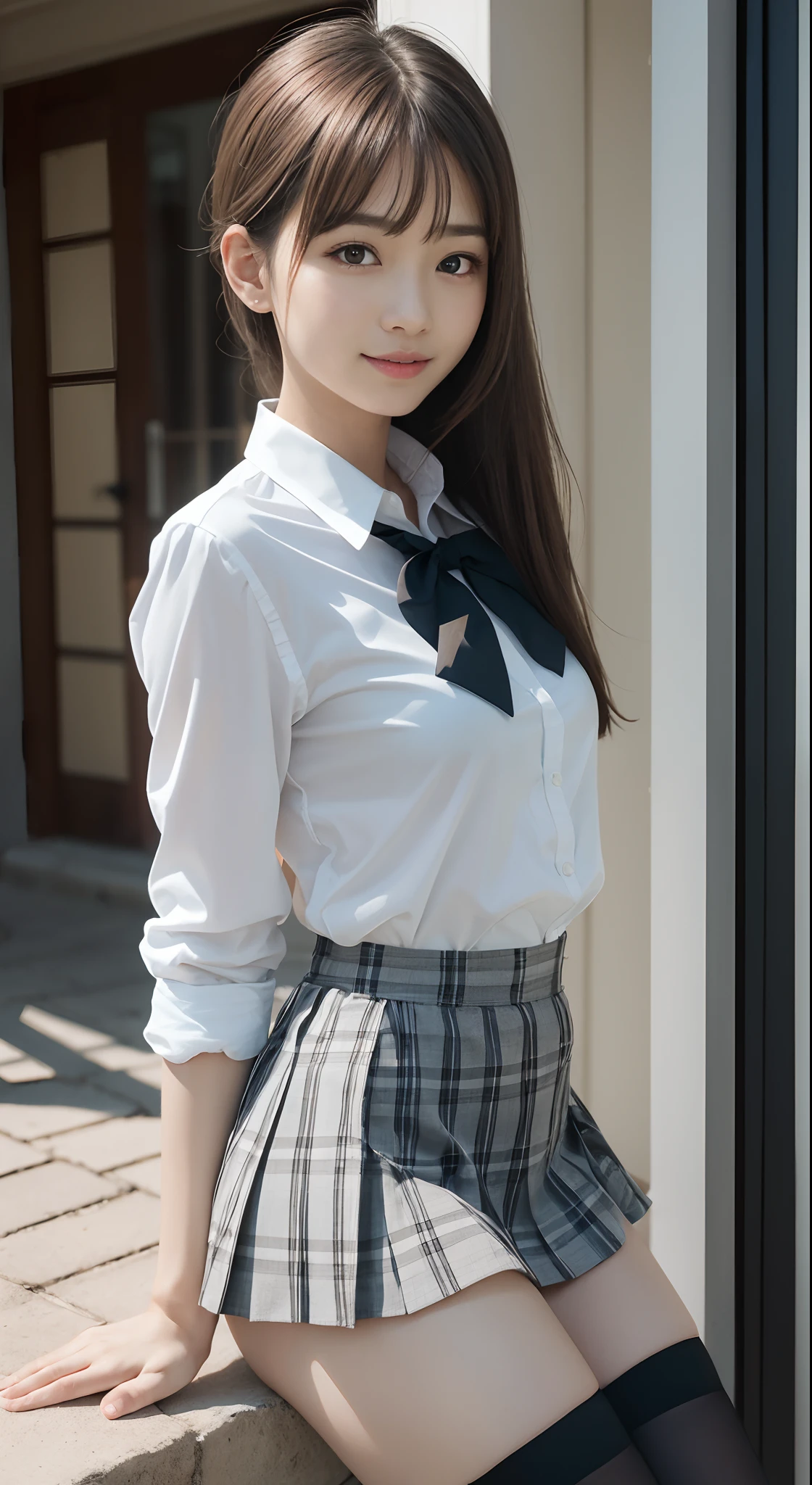 (in 8K、Raw photography、top-quality、masterpiece:1.2),watching at viewers,Looking at the front,Tie a side ponytail、Hang your hair on your chest.,Bullish,Muchimuchi,Erotic,Pupils,Light Blue Bra,de pele branca,kne,absurderes,a small face,small tits,flat breast,Parting the bangs from the middle、Forehead visible,(A smile,Tight eyes,skinny,Rasping)、masterpiece,top-quality、超A high resolution,Raw photo,ren,Beautiful fece,One Person, 独奏,eye glass,,Dark look,Small breasts,fullllbody,Round glasses、cute little、Back to Student,JK school uniform,hi-school girl,Korean Idol,is standing,(Photorealsitic:1.37)、Photon mapping,Realistic、Cute little face,Brown-eyed、Black socks、(Red bow tie)、Radio City、Physically Based Rendering、Foreground、depth of fields、Blurry background、a picture,The girls、Body,beauty legs, Long legs, Thin leg,Tie your hair into one strand on your chest,(Bangs are visible), hair, s lips, Blue_The eye, nosesoft,(Light blue shirt), (Plaid pleated skirt), Knees are visible,Sheer clothing,, Thigh, Black cotton socks,Nogizaka Idol, 女優, sit down and open legs、Exposed white underwear