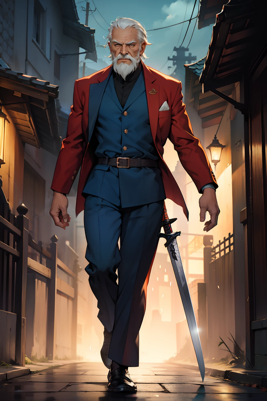 old man，，Tang suit，Long sword，standing on your feet，The eyes are sharp，nigth，