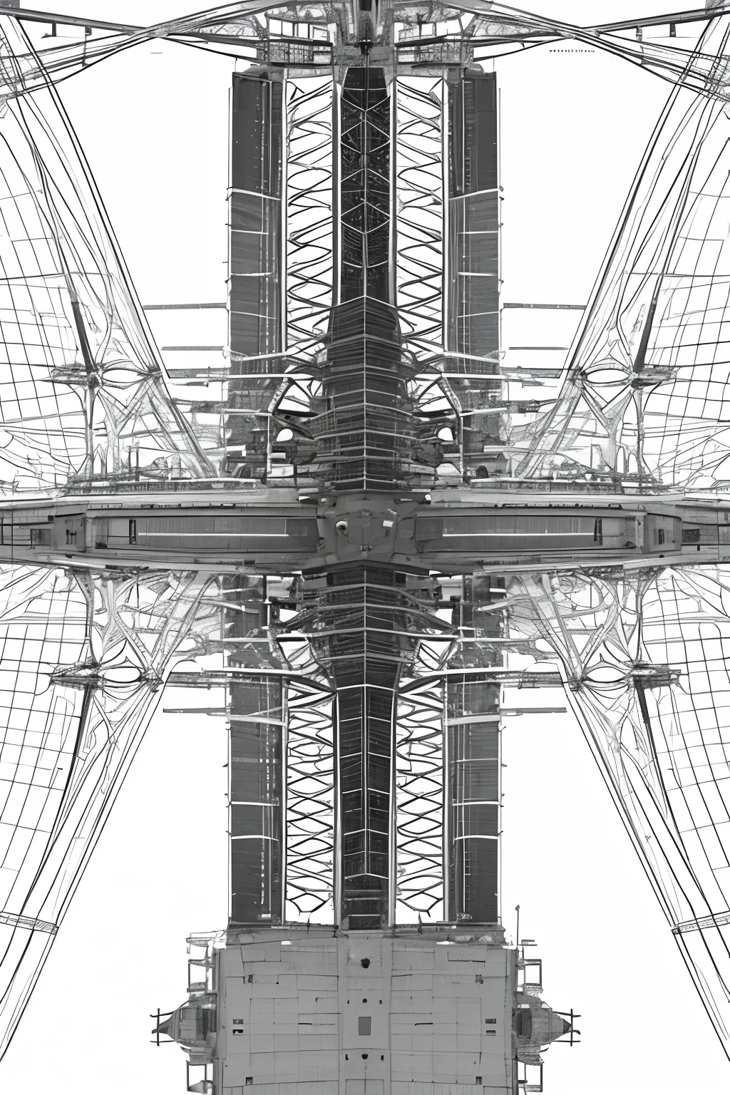 masterpiece, military space ship, wide angle view, white background, monochrome, ((wireframe view mode))