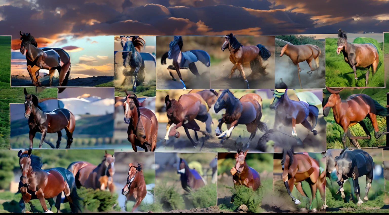 8 horses，1#cavalos，2#cavalos，3#cavalos，4#cavalos，5#cavalos，6#cavalos，7#cavalos，8#cavalos。Eight horses in the herd were clustered together，Gallop across the steppe like a clock。Warhorses from high heaven and nightmares from hell become the upper and lower ends of the main color of the picture，Make the sky brighter in the steppe，The Earth is deeper。The wind wings of the wind elf horse let its position be erratic，The mechanical horse mecha is full of beauty。Unicorns show their beauty in rainbow neon lights，Next to it is the competing Dragon Horse。The female knight charges on her knightly warhorse，No doubt about it，She is the protagonist of this photo。There is also a horse from unknown territory mixed in，It has an eerie style and almost unimaginable chaotic overtones。Use the Potential Couple plugin to make all eight horses have separate images，Some locations use stacking and nesting as well as perspective composition，Make the most of canvas space。With Midjourney's advanced brush tools and palettes and strokes, Try different models and materials，Create a surreal look for your scene，Add complex textures and light and shadow effects to the look of all horses，Add realism and surrealism，Emphasize the strength and speed of the horse。Use Midjourney's powerful tools，You can bring this magnificent and futuristic scene to life with incredible detail and beauty。 Large wide angle，A grand spectacle，super wide shot， hdr，（真实感，Masterpiece quality，best qualtiy），