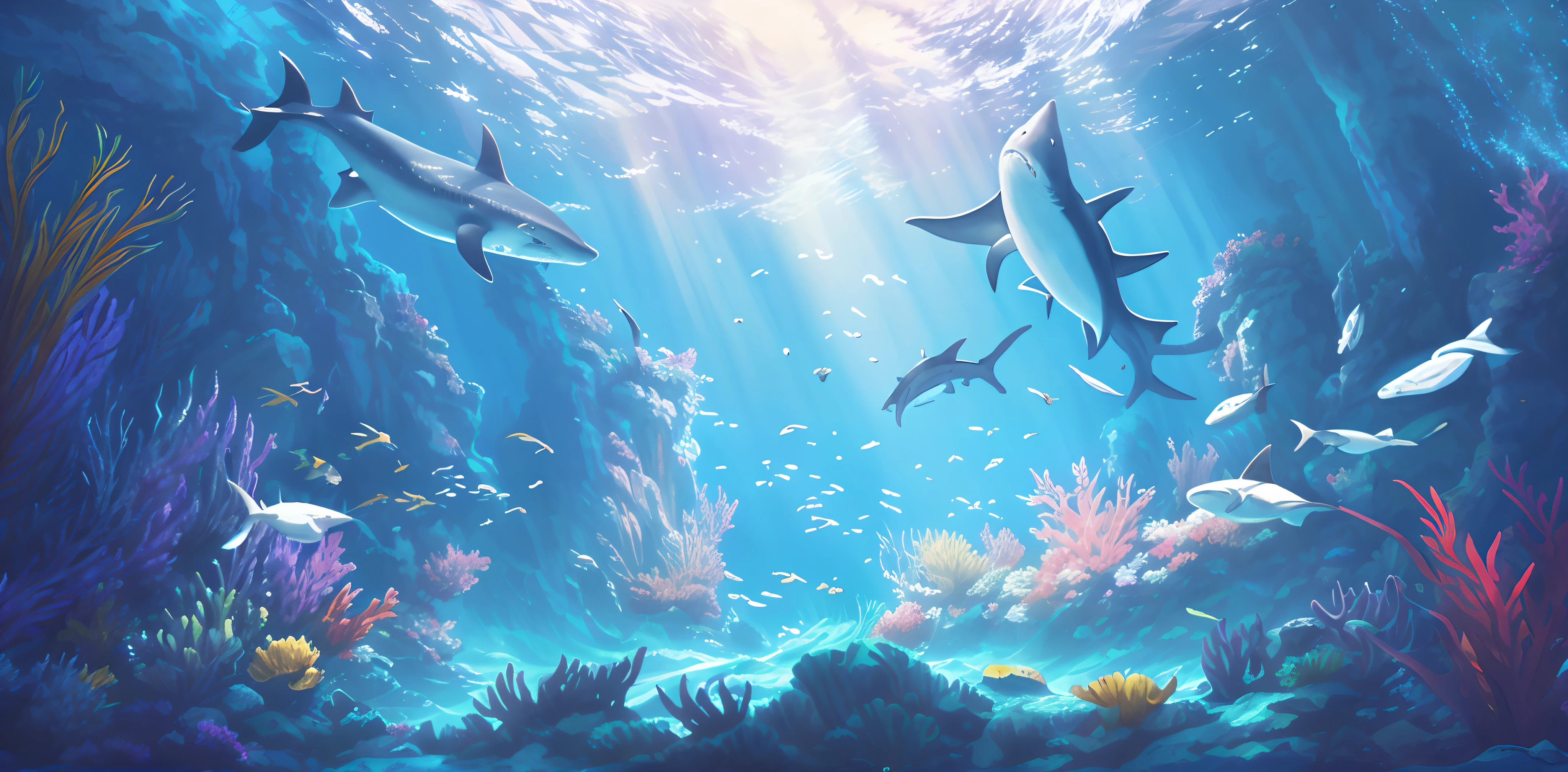 There is a painting of a shark swimming in a large aquarium, closeup cinematic aquatic scene, colorful anime movie background, A beautiful artwork illustration, 4 k hd wallpaper illustration, animated movie still, undersea environment, 4 k hd illustrative wallpaper, Underwater scene, Official illustration, Makoto Shinkai Cyril Rolando, Beautiful art UHD 4 K, realistic scene，8k smooth， RAW photo, Best quality, Masterpiece:1.4，Cinematic art ultra high resolution, Ultra-detailed, Hyper-realistic，Realistic rendering and detail，octane