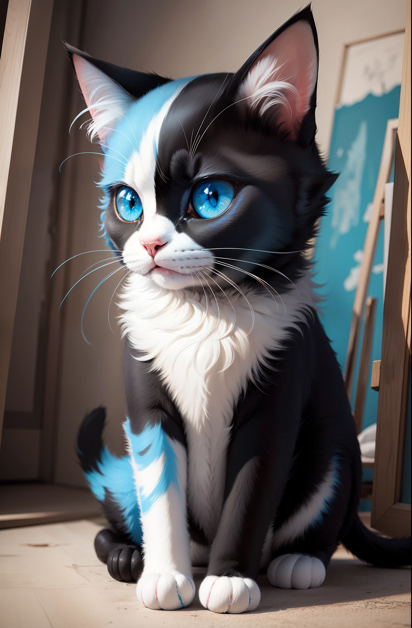 The painting has always been cute black and white blue cat